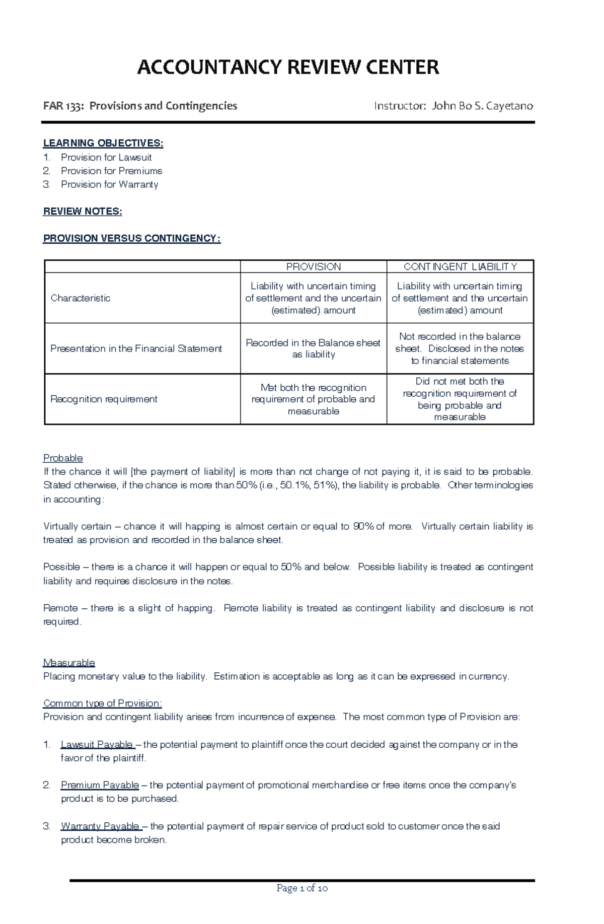 Provision - auditing - ACCOUNTANCY REVIEW CENTER FAR 133: Provisions ...