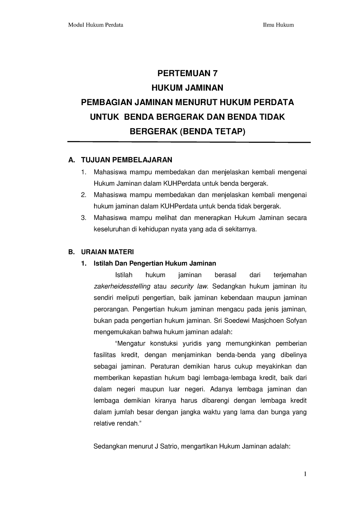 Pertemuan KE-7 Hukum Jaminan Pembagian Jaminan Menurut Hukum Perdata ...