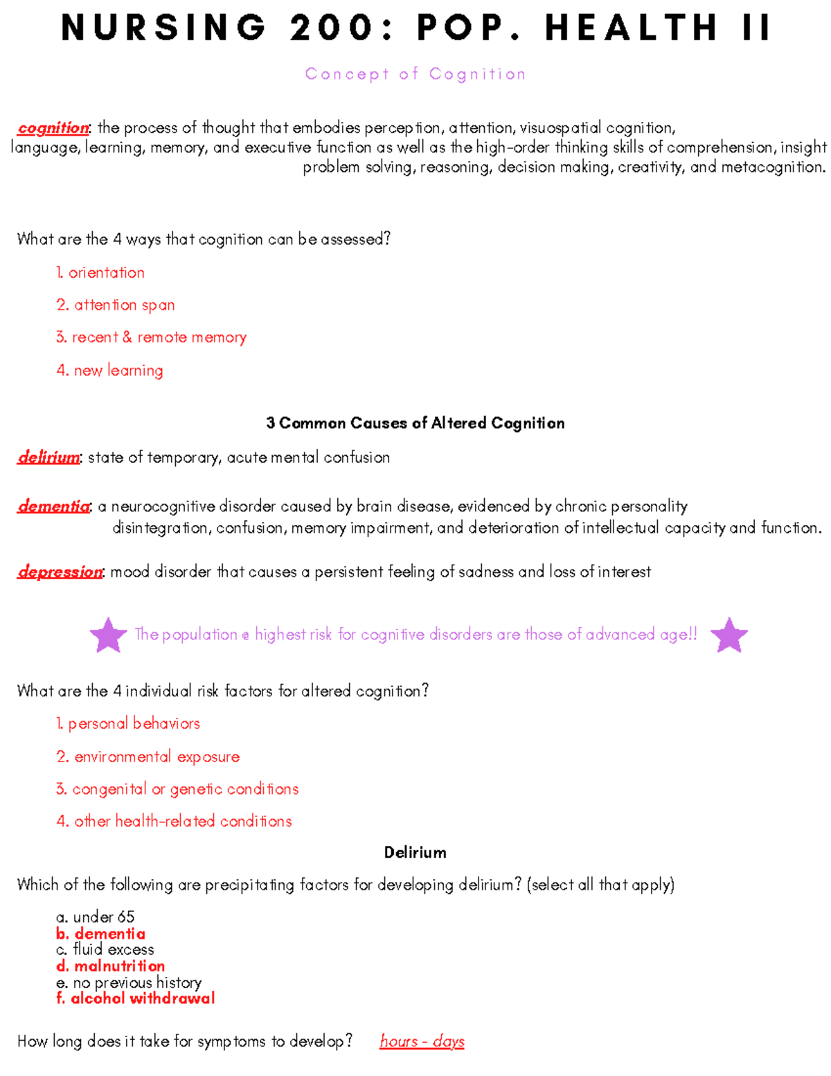 Cognition Worksheet KEY - N U R S I N G 2 0 0 : P O P. H E A L T H I I ...