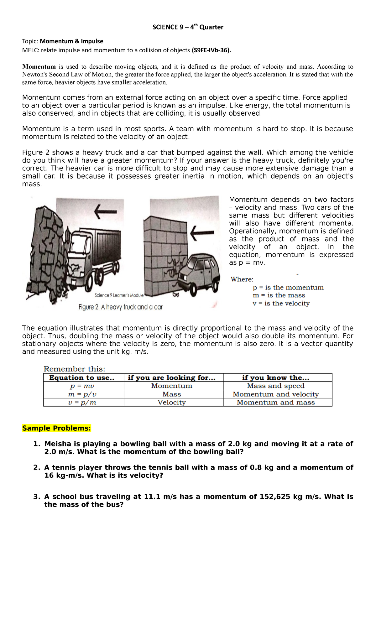 Science 9 - Momentum & Impulse - SCIENCE 9 – 4th Quarter Topic ...