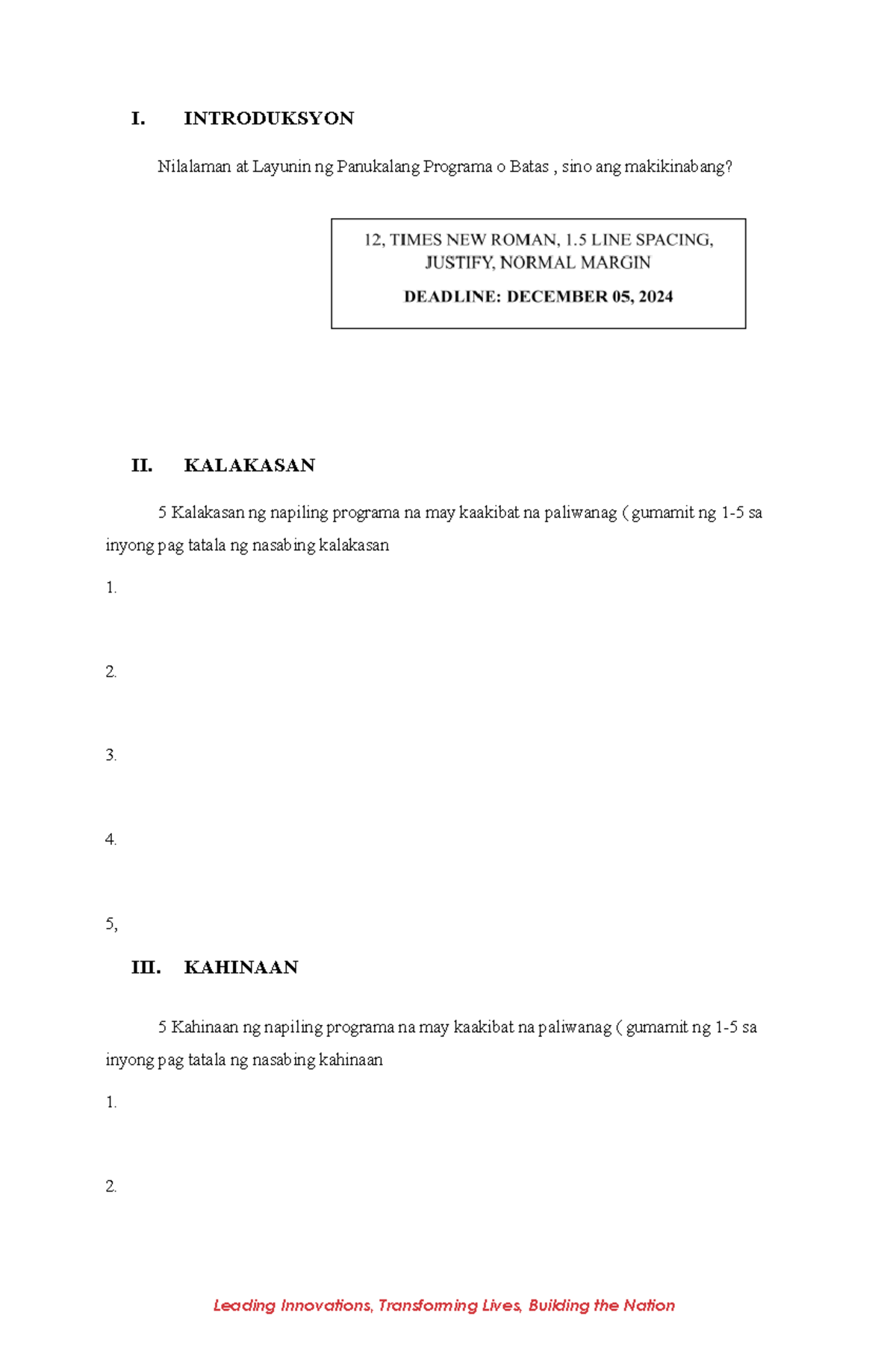 Pormat PARA SA Posisyong Papel - I. INTRODUKSYON Nilalaman at Layunin ...