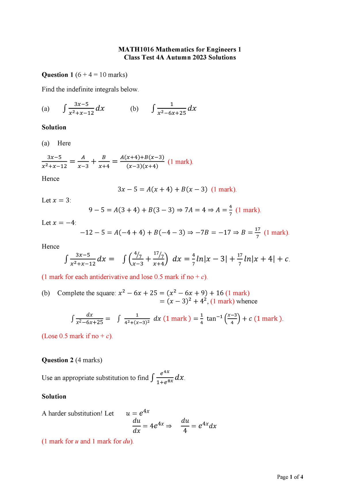 MATH1016 Autumn 23 Class Test 4A Solutions - MATH1016 Mathematics For ...