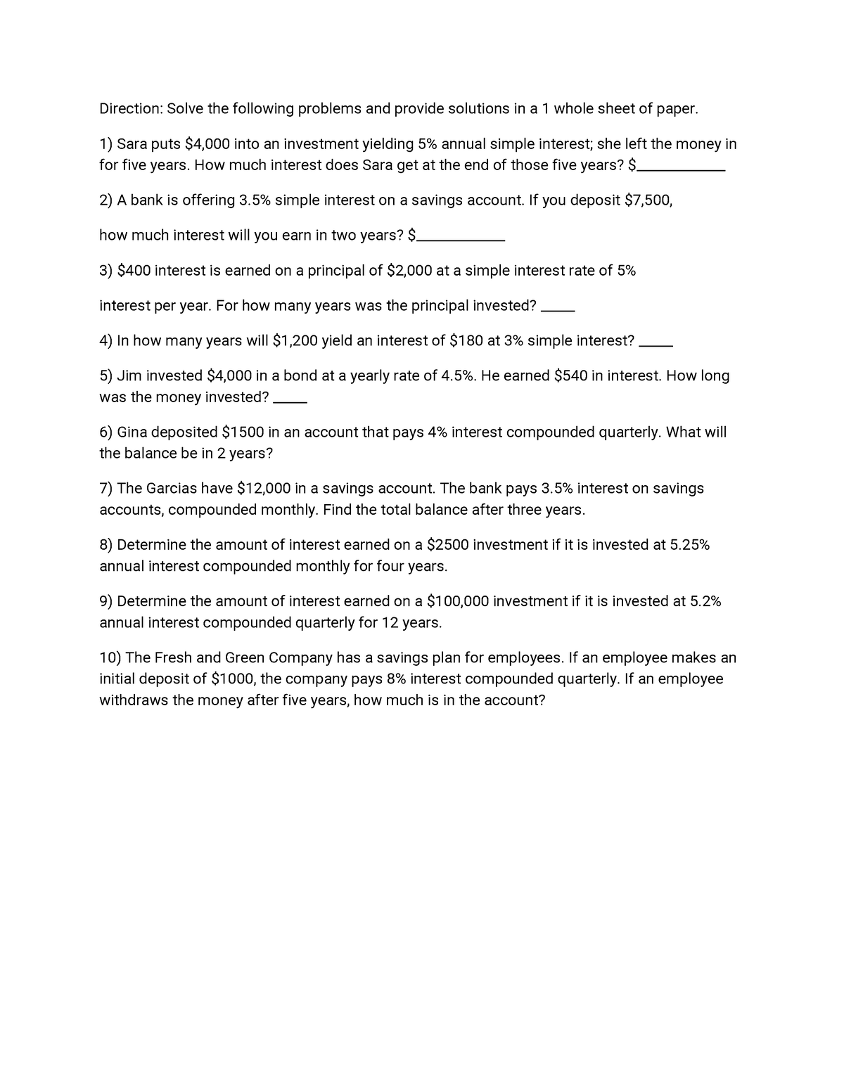 Bus Math Activity - Exercises In Business Math - Direction: Solve The ...