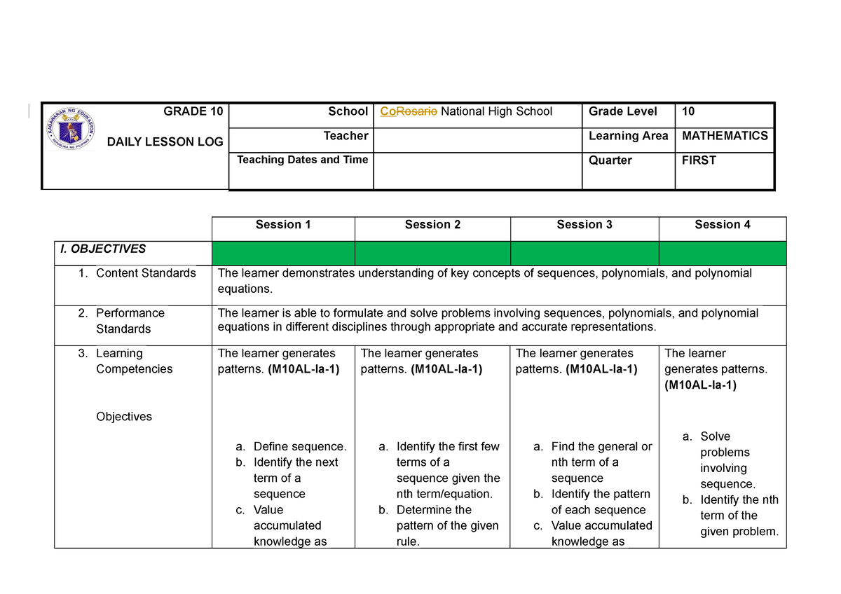 G10 DLL First Quarter - GRADE 10 DAILY LESSON LOG School CoRosario ...