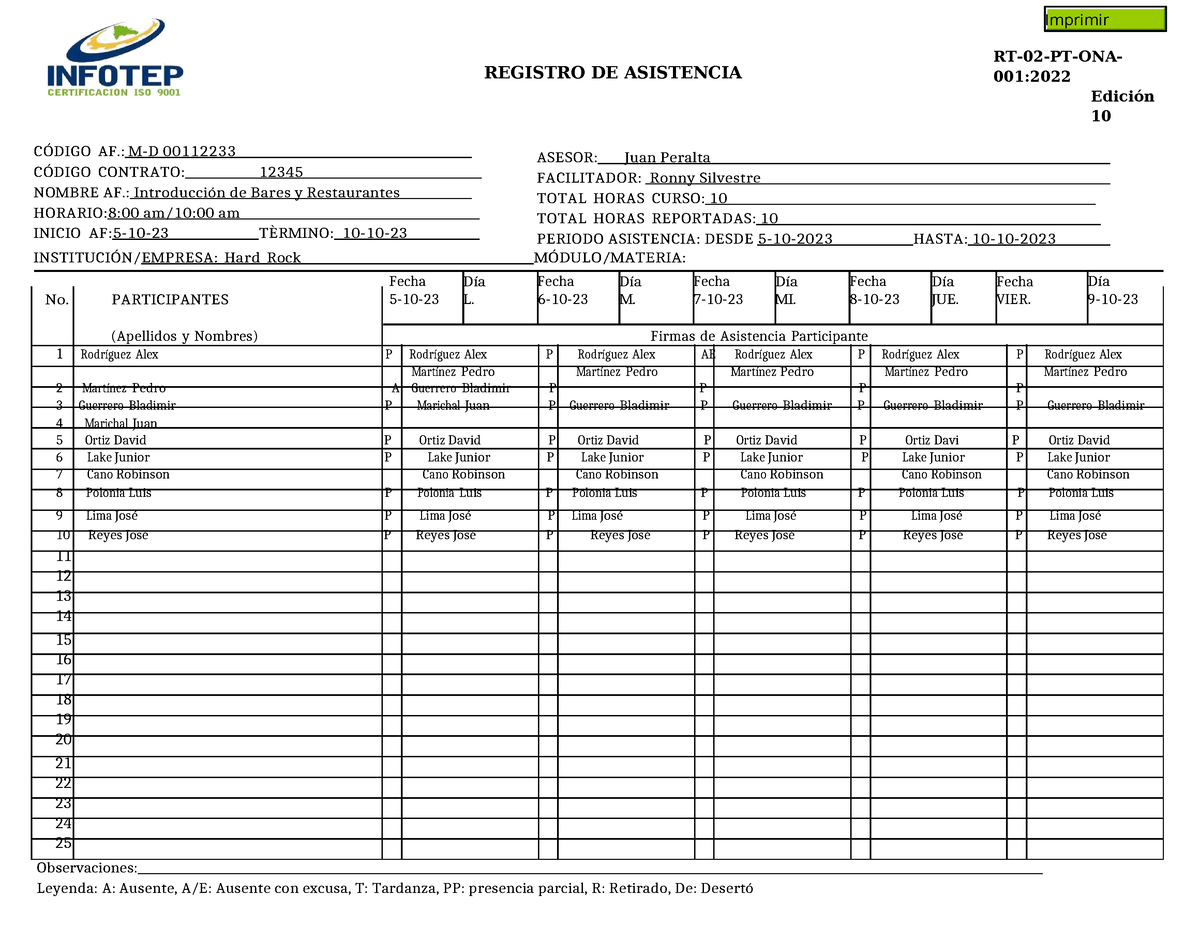 Registro De Asistencia Rt 02 Pt Ona 001 Registro De Asistencia Rt 02 Pt Ona 001 Edición 10