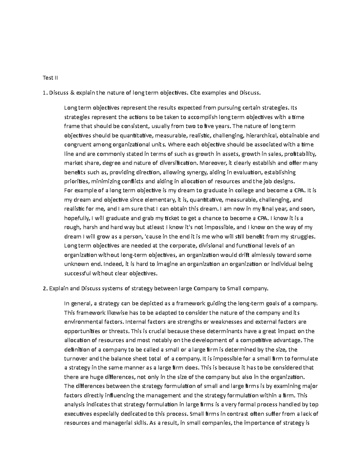 CBME( Strategic Management) - Test II Discuss & explain the nature of ...