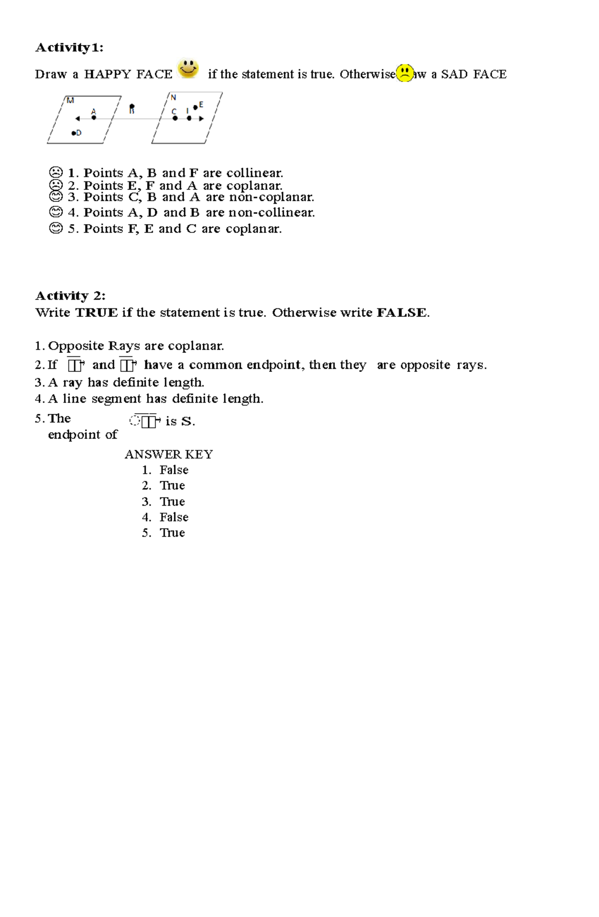 MATH ACTS MATHEMATICS Activity1 Draw a HAPPY FACE if the statement