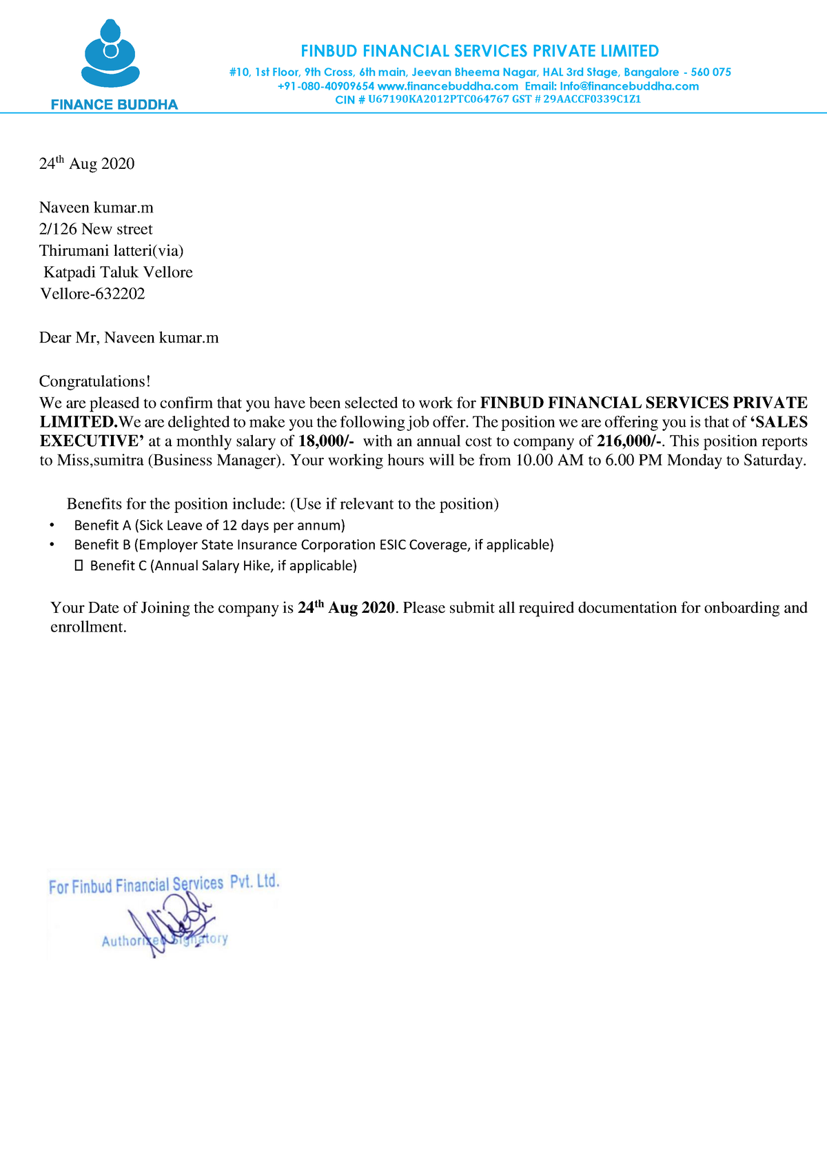 N offer letter - xfsdgdv - 24 th Aug 2020 Naveen kumar 2/126 New street ...