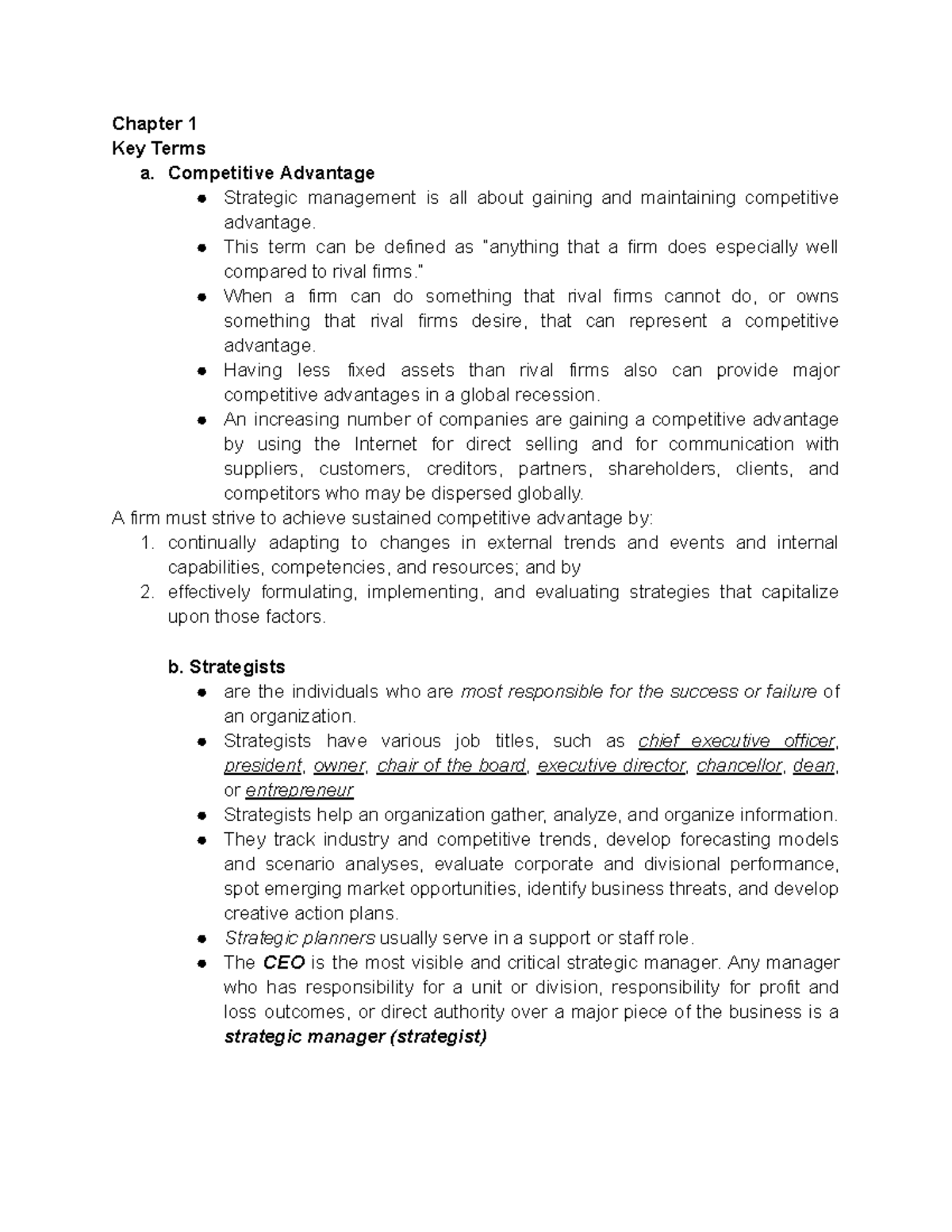 Chapter 1 - MGT108 - Chapter 1 Key Terms a. Competitive Advantage ...