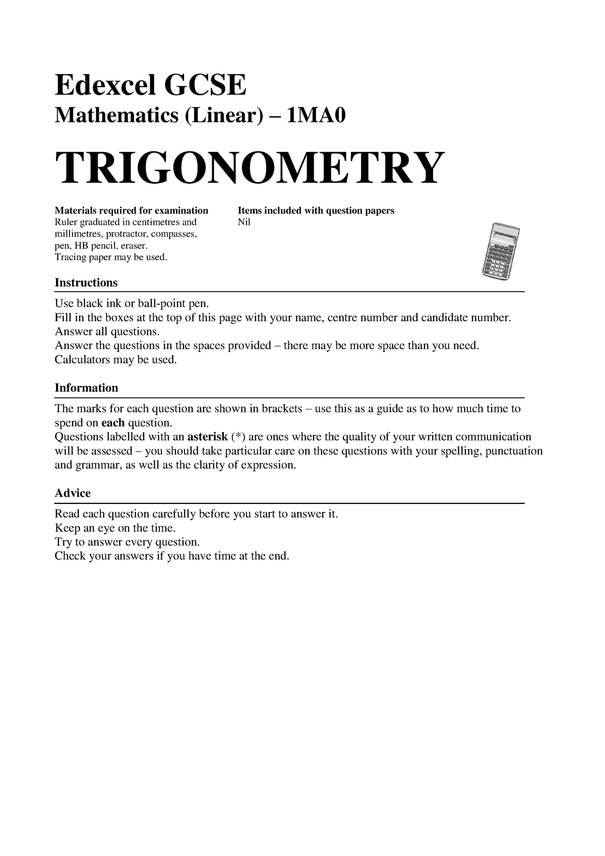 89 trigonometry - Edexcel GCSE Mathematics (Linear) – 1MA TRIGONOMETRY ...