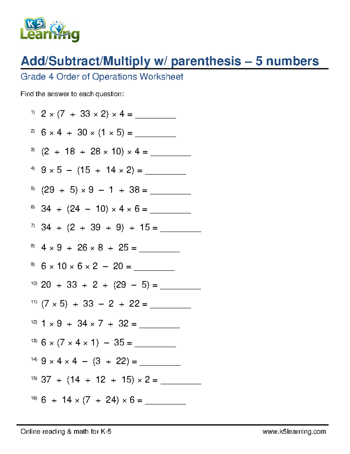 Grade 4 Add Subtract Multiply Parenthesis Five Numbers B - Online 