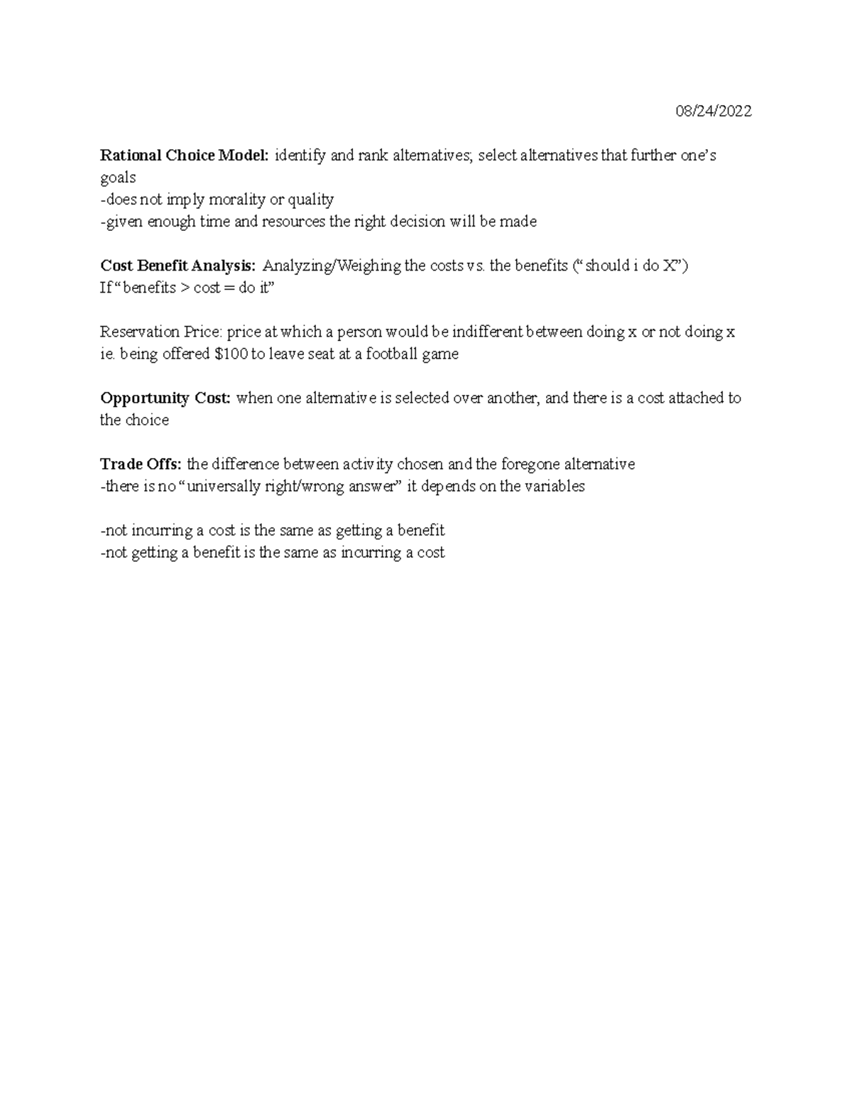 FHCE2100 8 24 22 - Lecture Notes Exam 2 - 08/24/ Rational Choice Model ...