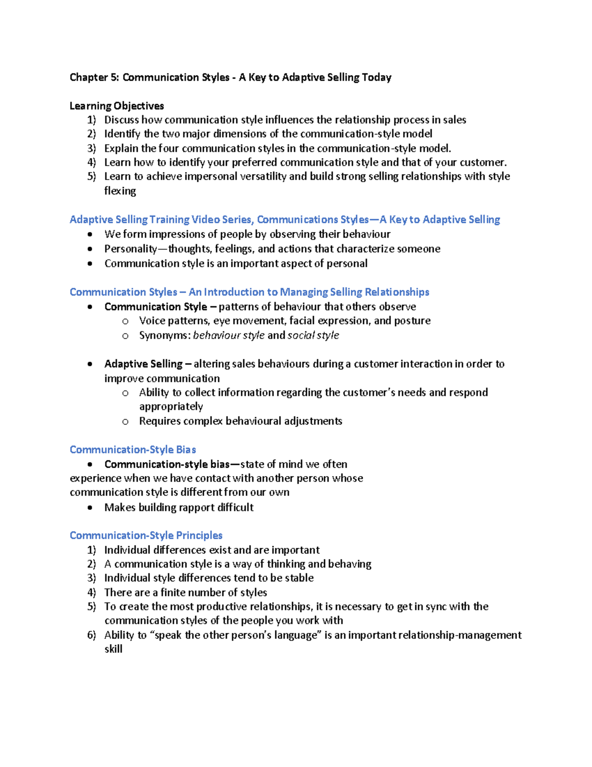 Chapter 5 Notes - Chapter 5: Communication Styles - A Key To Adaptive ...