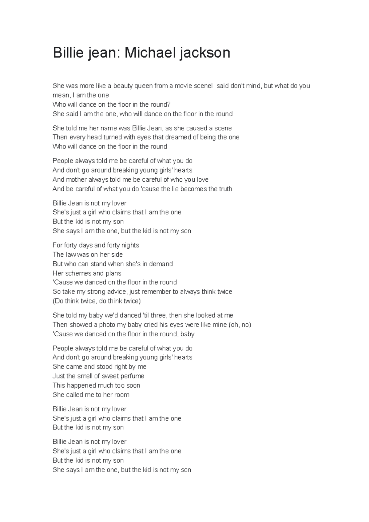 Billie Jean Letra Español – Michael Jackson Billie Jean Lyrics Spanish ...