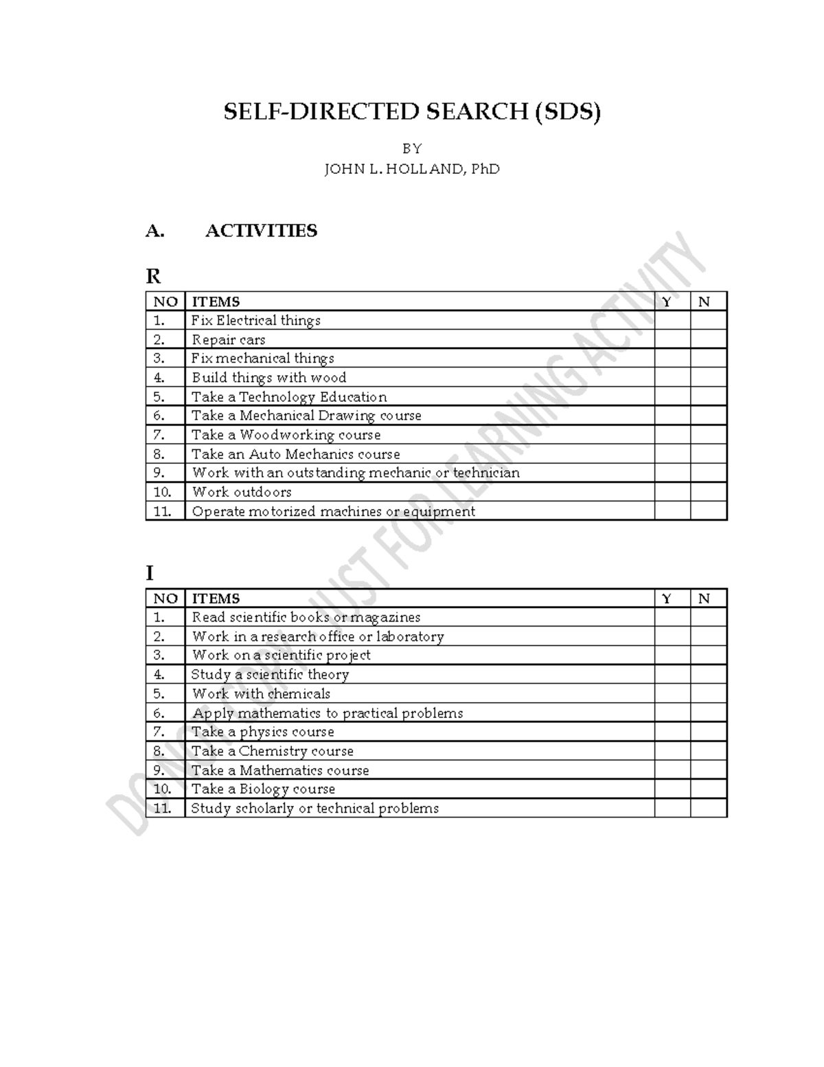 SDS - Holland - Career - SELF-DIRECTED SEARCH (SDS) BY JOHN L. HOLLAND ...