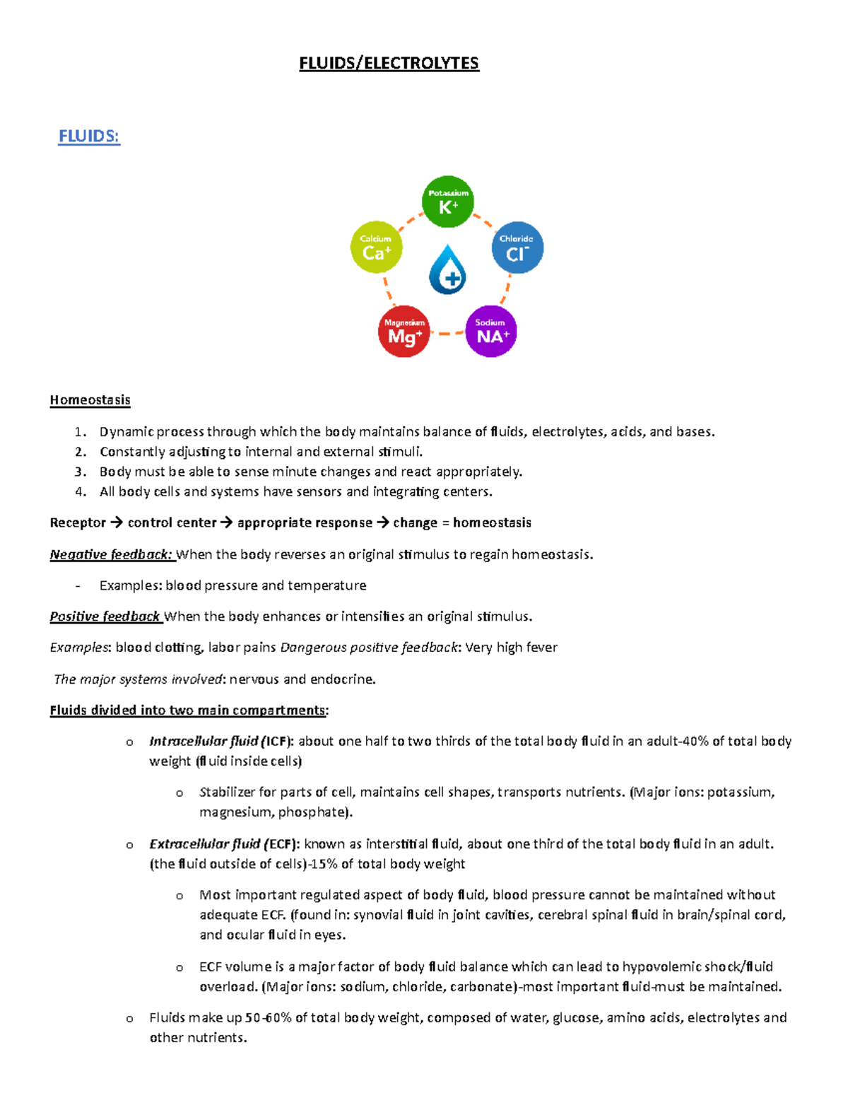 Labs Electrolytes Study Guide - FLUIDS/ELECTROLYTES FLUIDS: Homeostasis ...