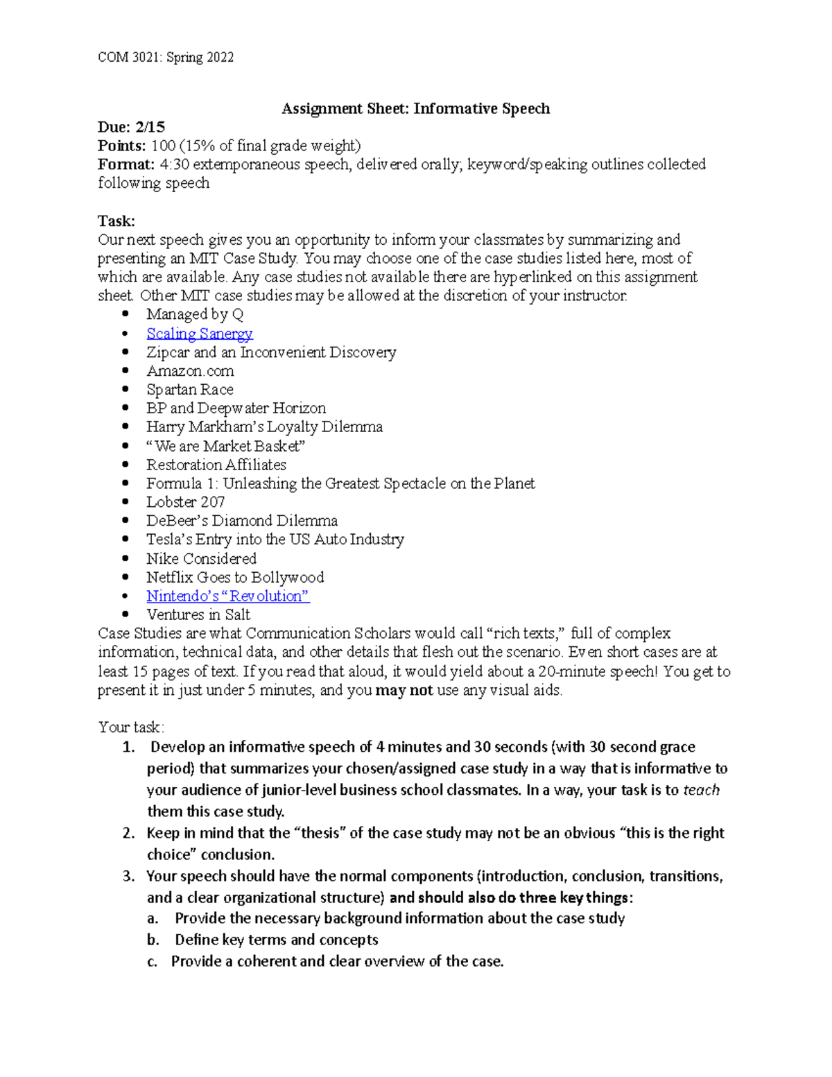 Assignment Sheet [Informative Speech] - COM 3021: Spring 2022 ...