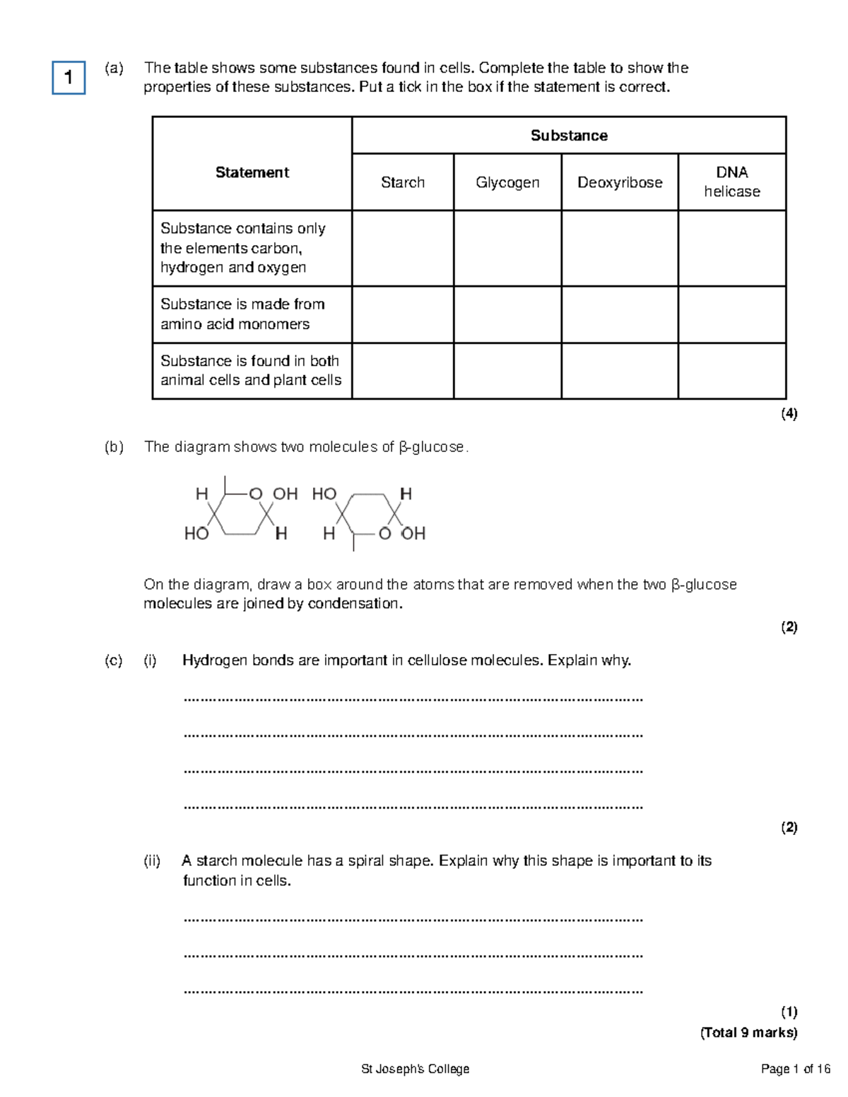 Exam questions on biological molecules - extra set - (a) The table ...