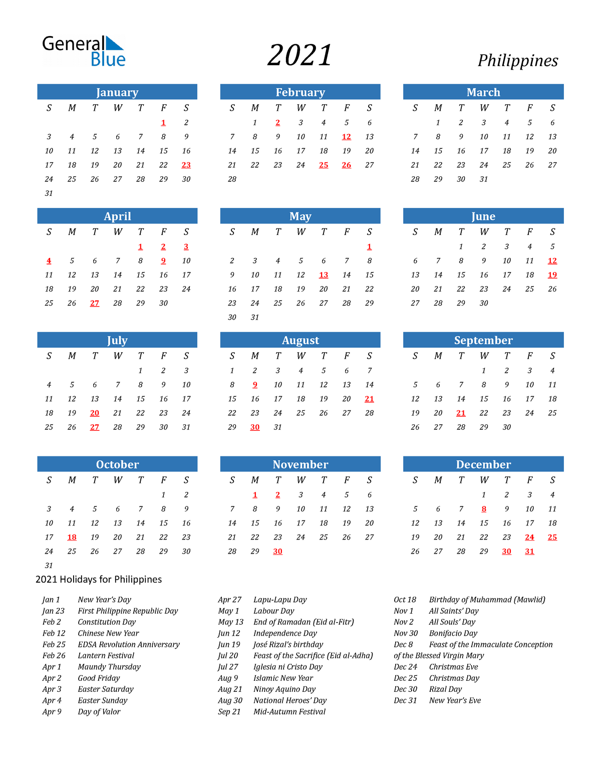 2021 calendar with holidays portrait en ph - 2021 Philippines January ...