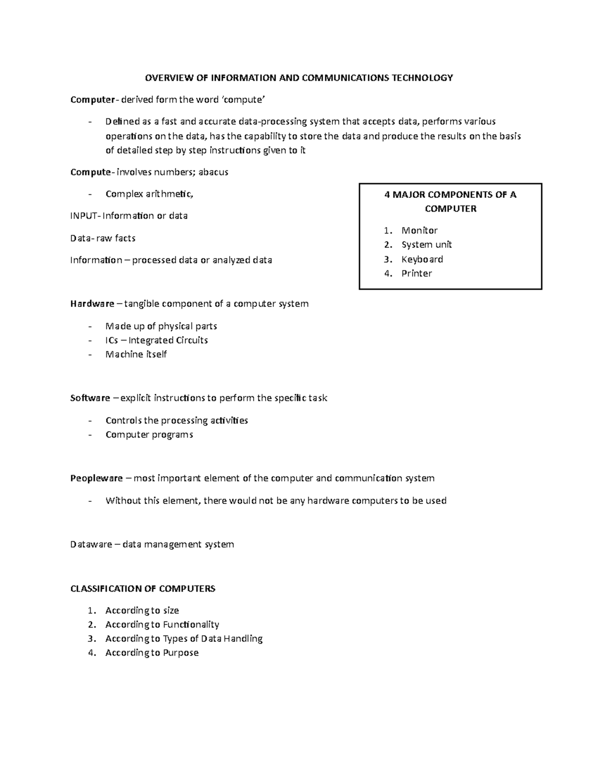 Introduction to computing notes - OVERVIEW OF INFORMATION AND ...