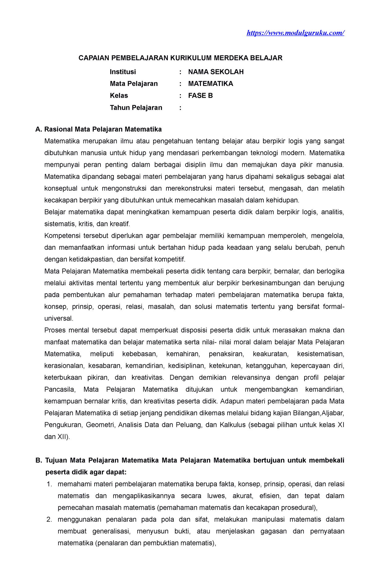 CP Matematika FASE B Kurikulum Merdeka - CAPAIAN PEMBELAJARAN KURIKULUM ...