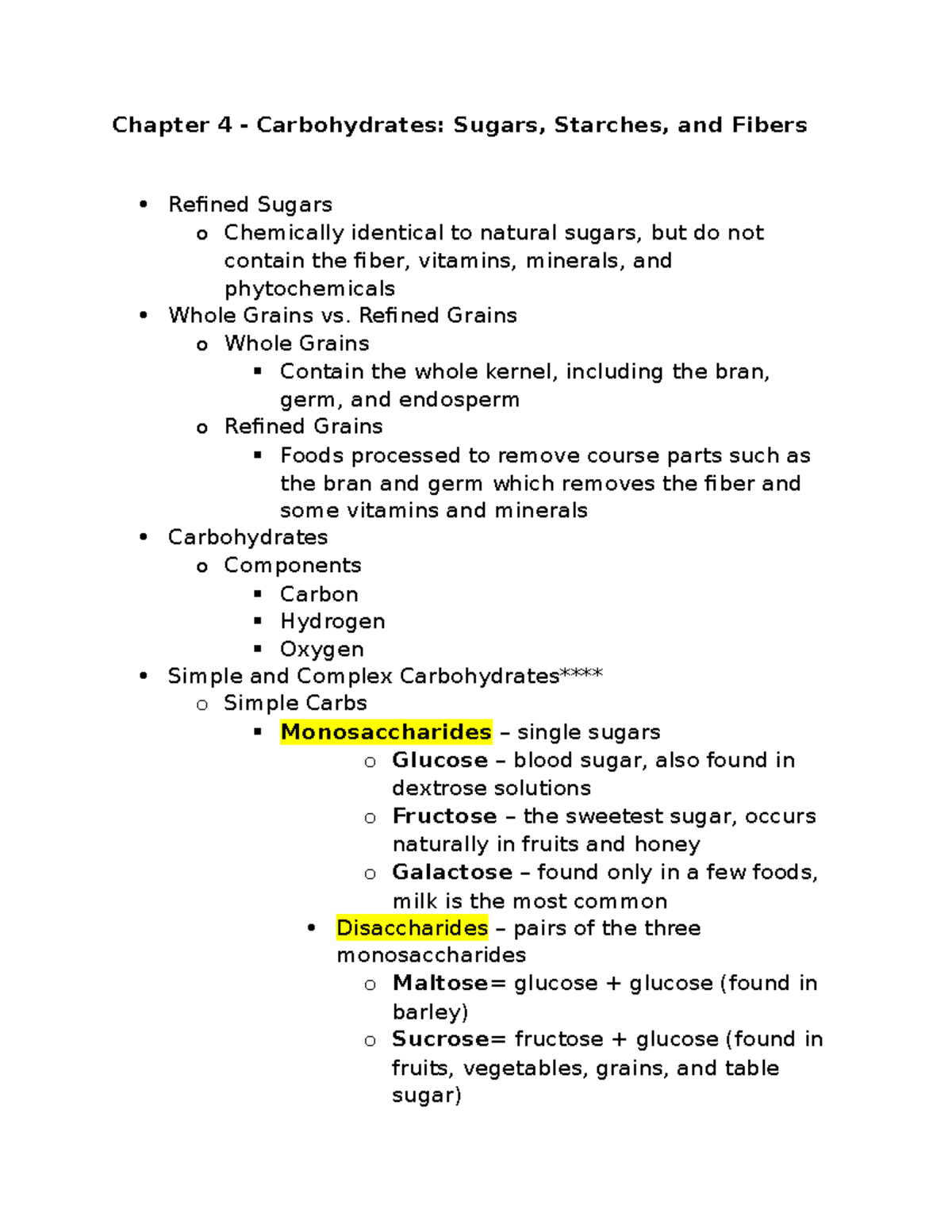 Chapter 4 Carbohydrates Sugars, Starches, and Fibers & Chapter 5