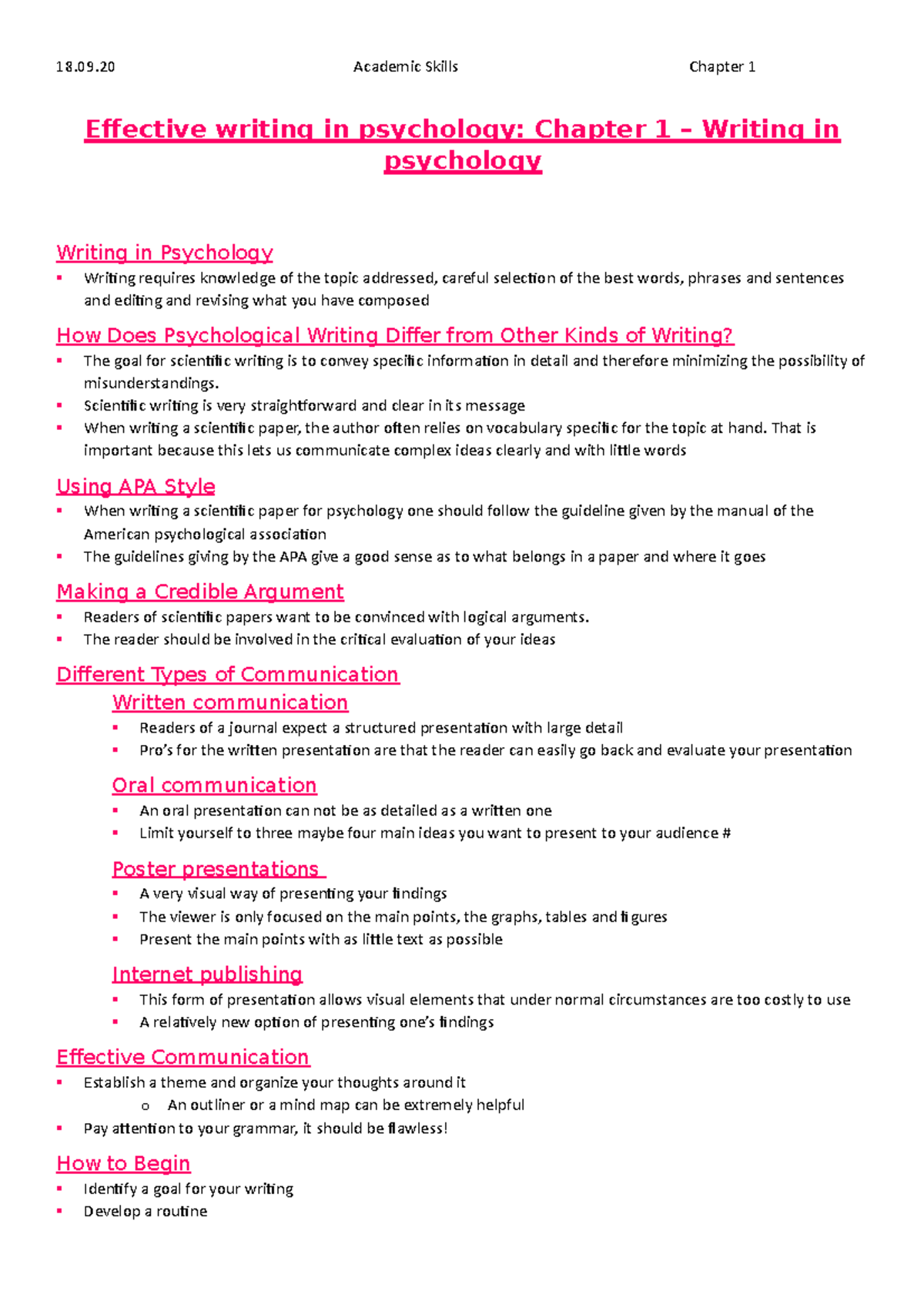 B&B Chapter 1 - Writing in psychology - 18.09 Academic Skills Chapter 1 ...