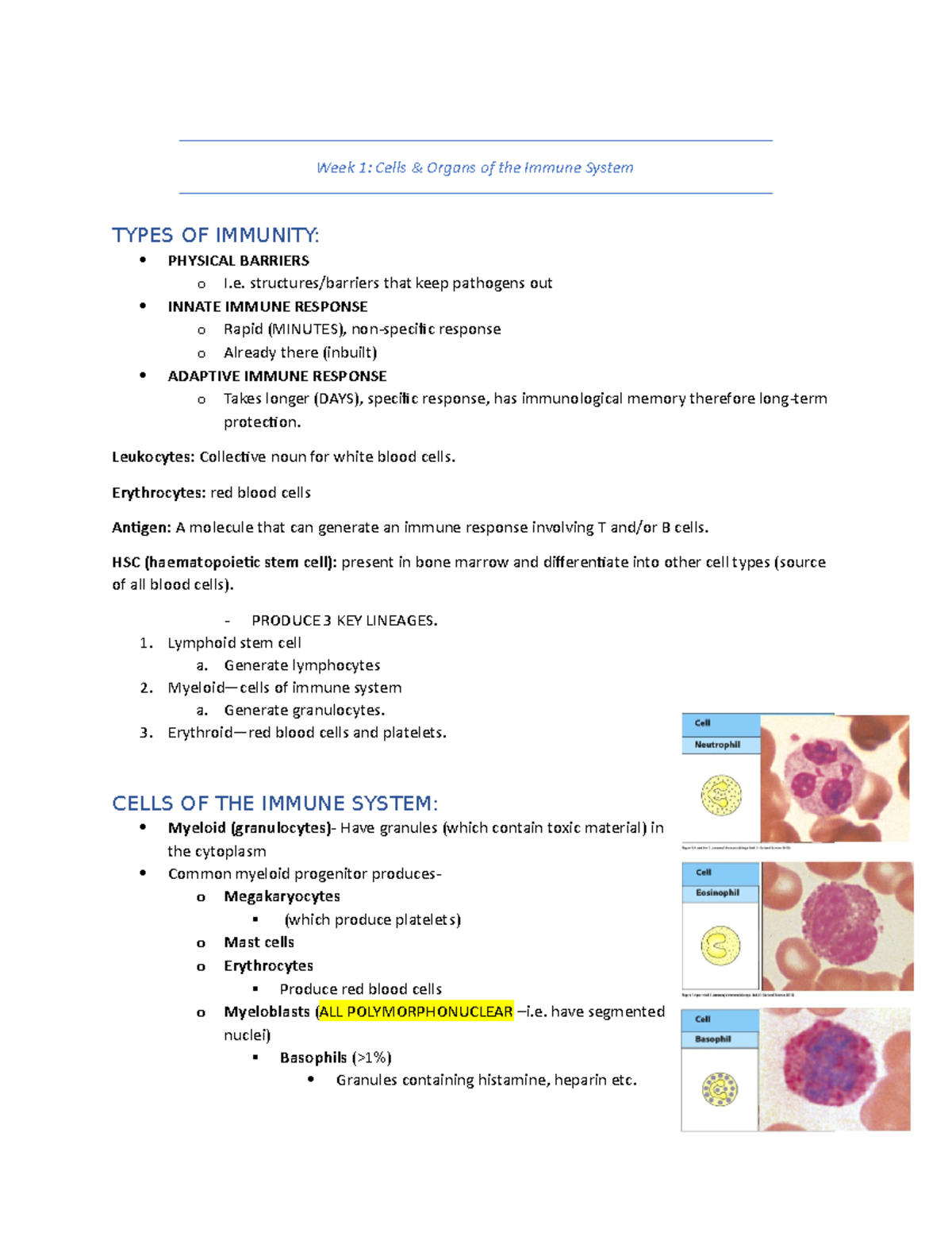 Week 1 Cells and Organs of Immune System I - Week 1: Cells & Organs of ...