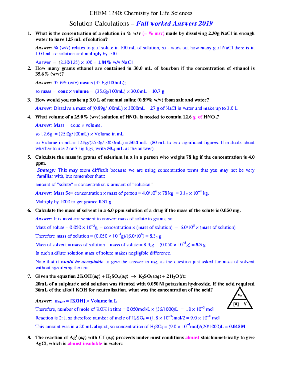 Solution Calculations Full Ans 2019 copy - CHEM 1240: Chemistry for ...