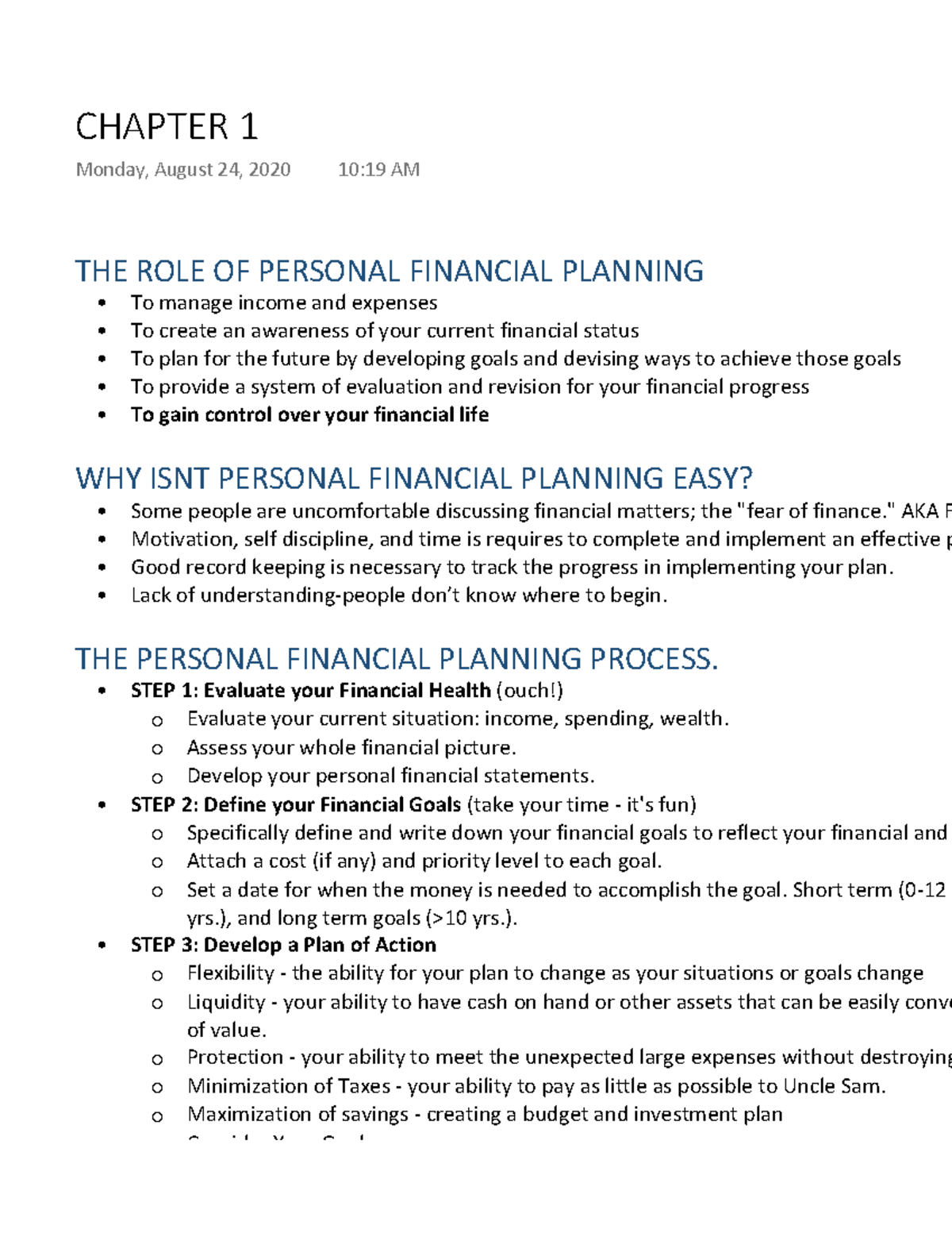 The Role Of Personal Financial Planning - Studocu