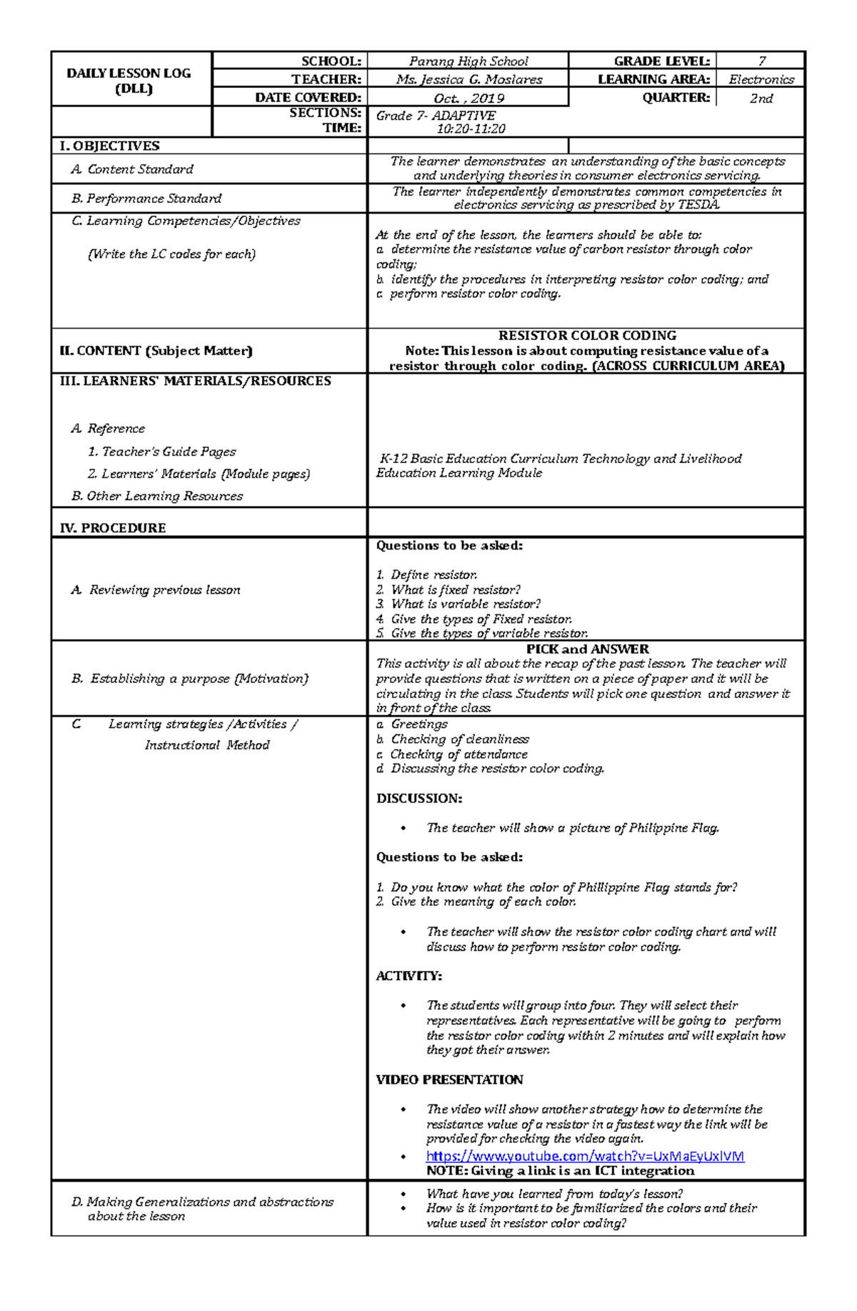 LESSON PLAN IN TLE - DAILY LESSON LOG (DLL) SCHOOL: Parang High School ...