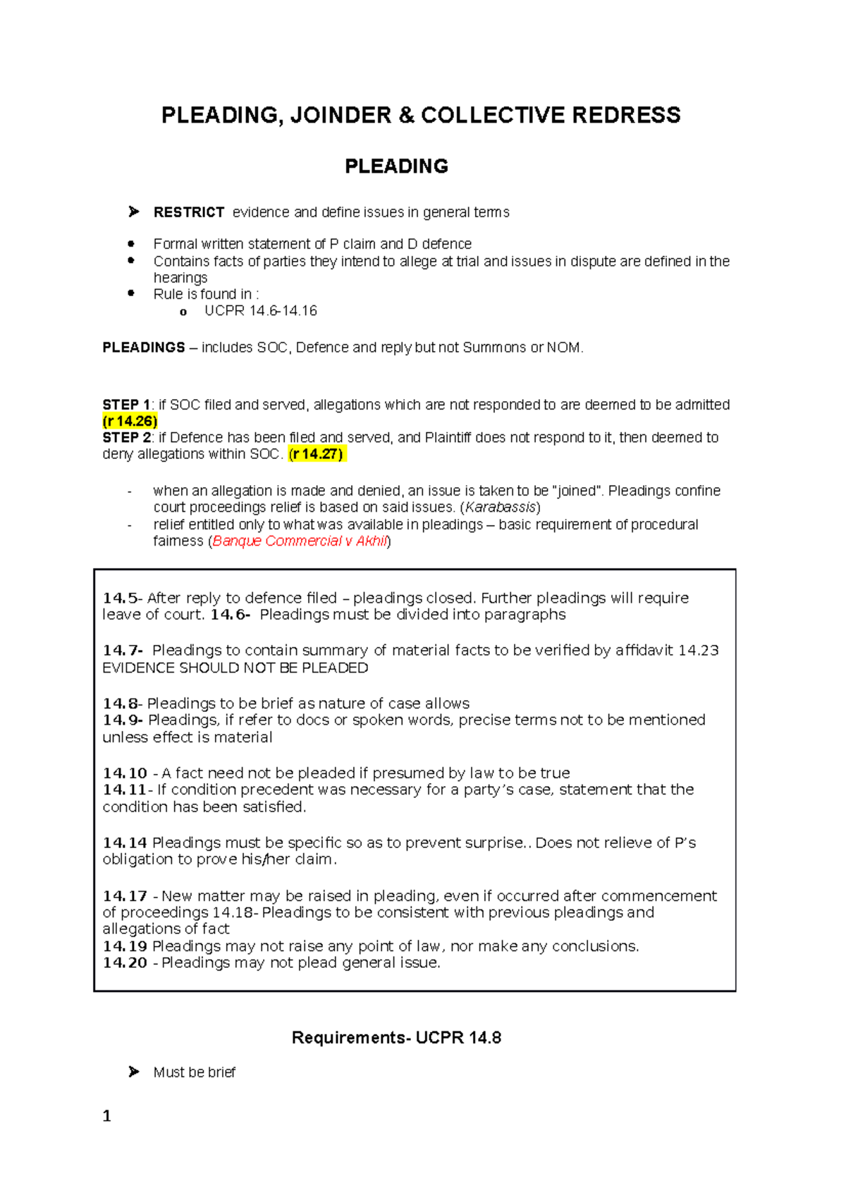 Pleading PLEADING, JOINDER & COLLECTIVE REDRESS PLEADING RESTRICT