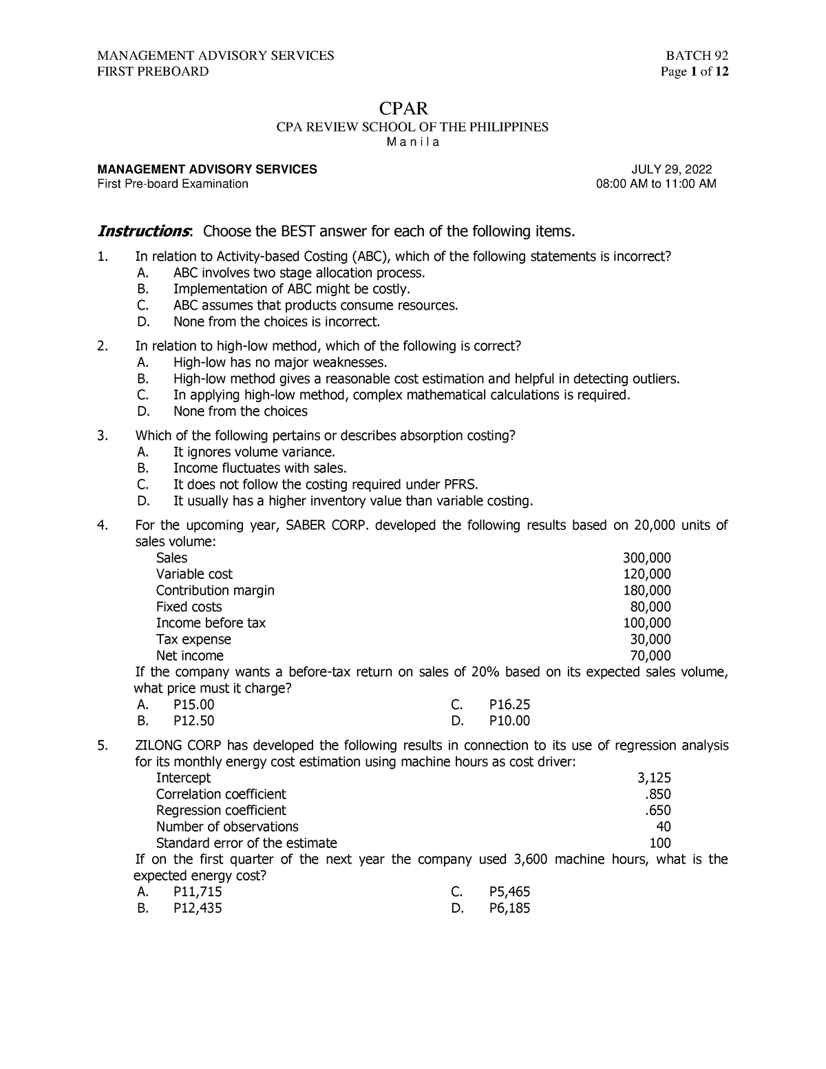 MAS - MAS PRE BOARD - FIRST PREBOARD Page 1 Of 12 CPAR CPA REVIEW ...