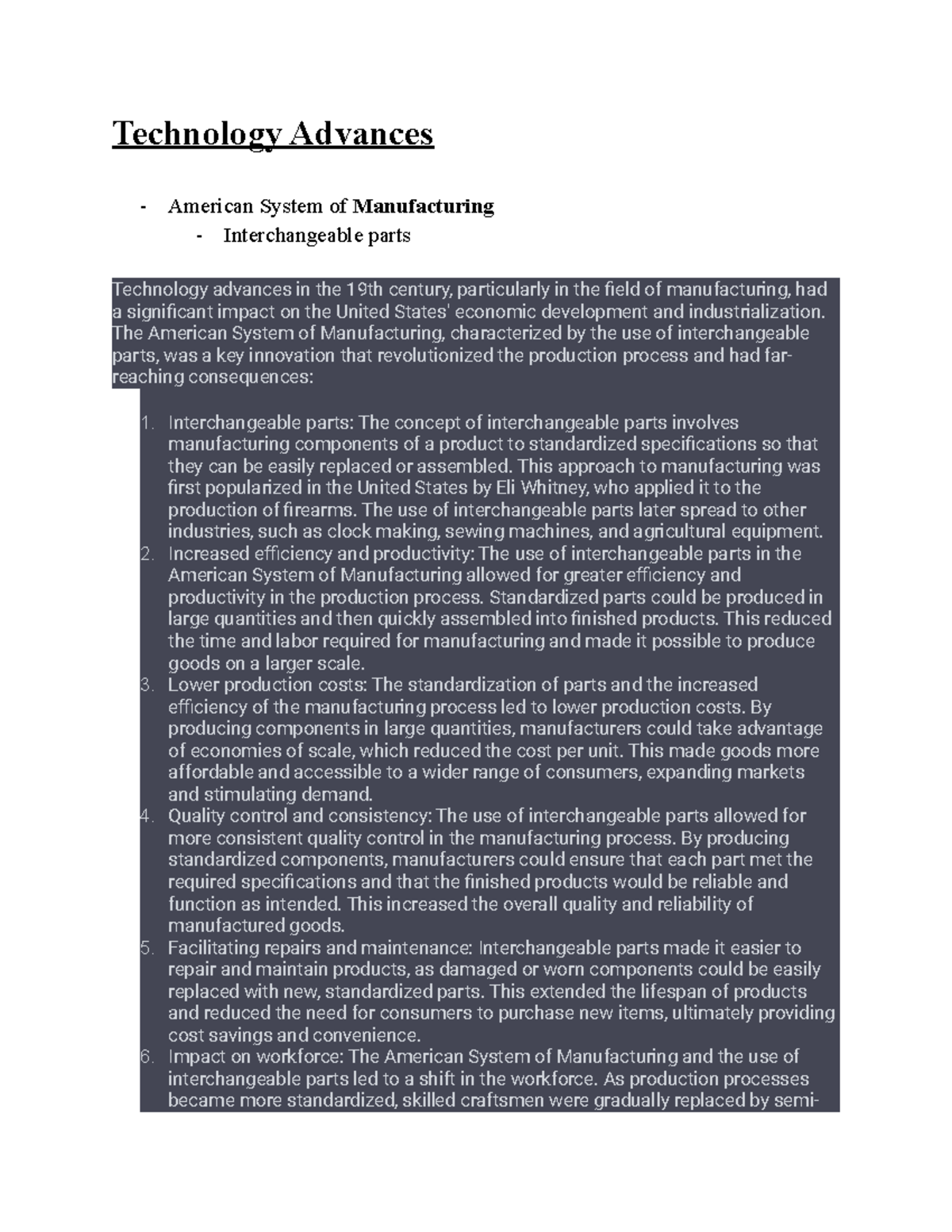 Technology Advances lecture notes - Technology Advances American System ...