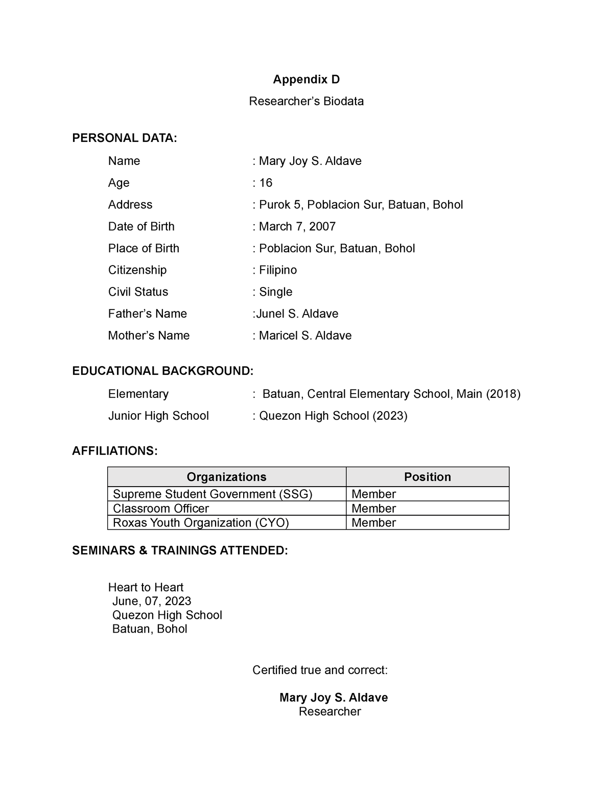 4 - Yes - Appendix D Researcher’s Biodata PERSONAL DATA: Name : Mary ...