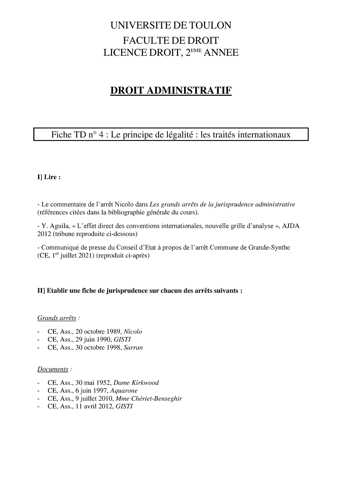 Fiche TD N°4 - UNIVERSITE DE TOULON FACULTE DE DROIT LICENCE DROIT, 2 ...