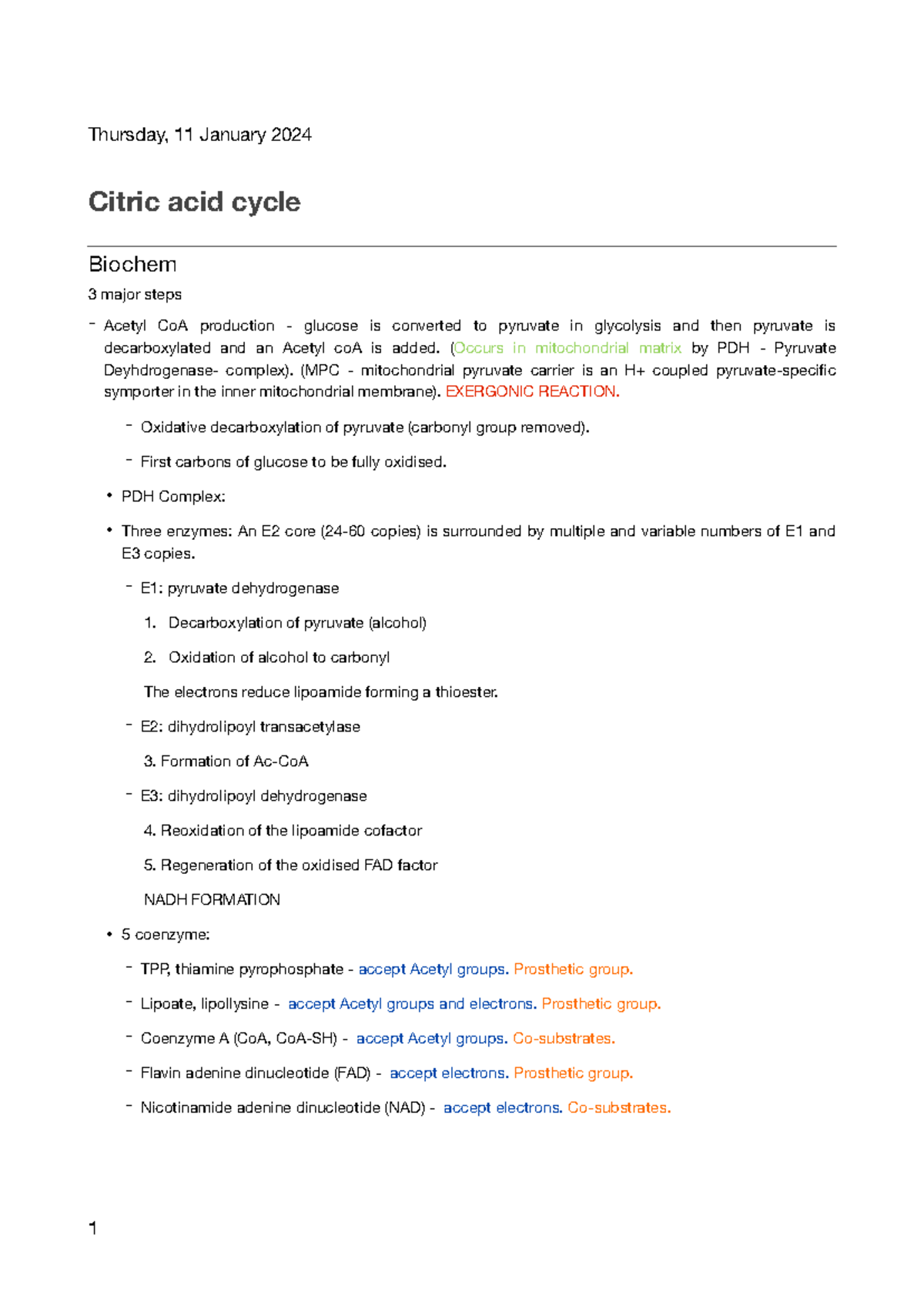 Citric acid cycle - Good notes based on the lectures - Thursday, 11 ...