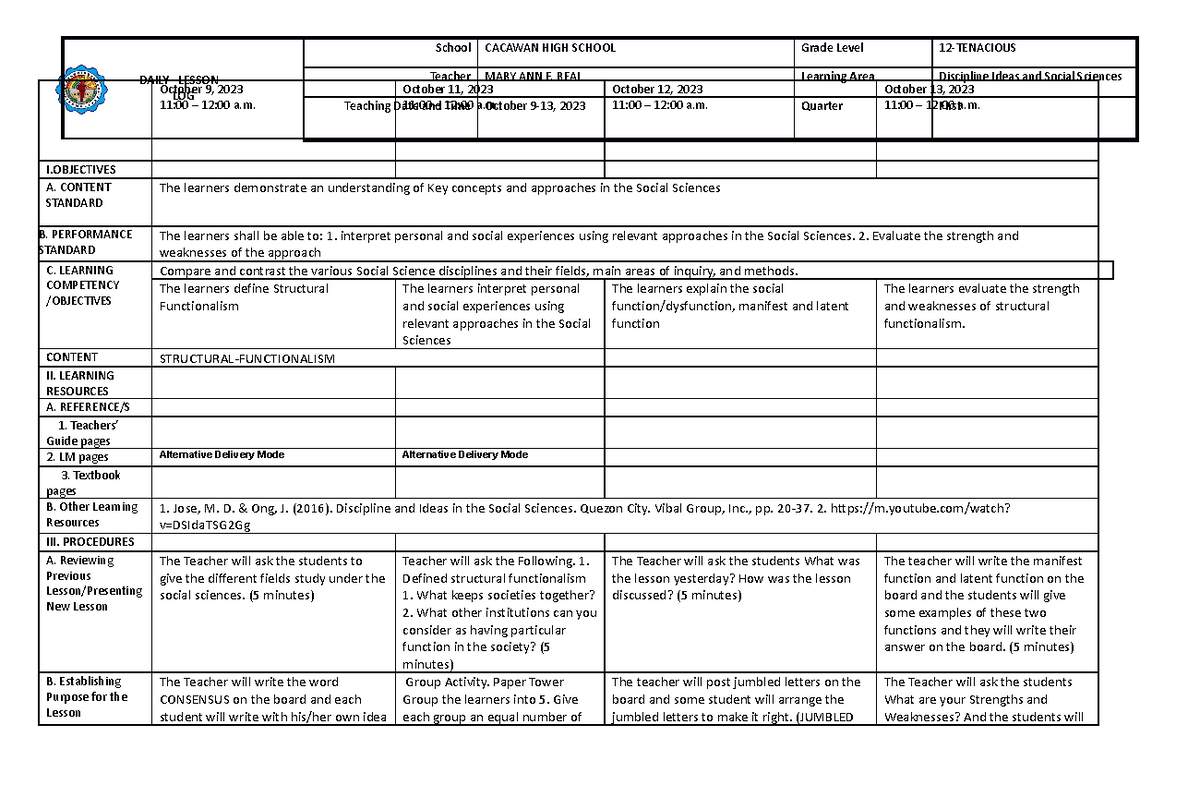 DLL 9 - Lesson plan - October 9, 2023 11:00 – 12:00 a. October 11, 2023 ...