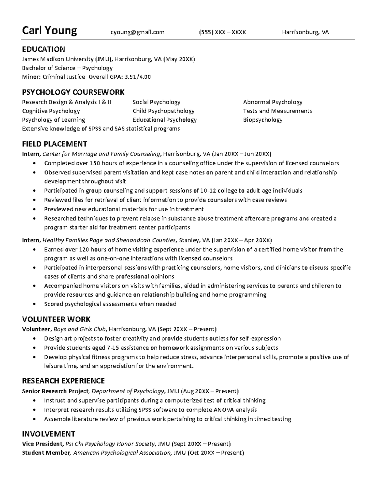 Chbs psychology resume - Carl Young cyoung@gmail (555) XXX – XXXX ...