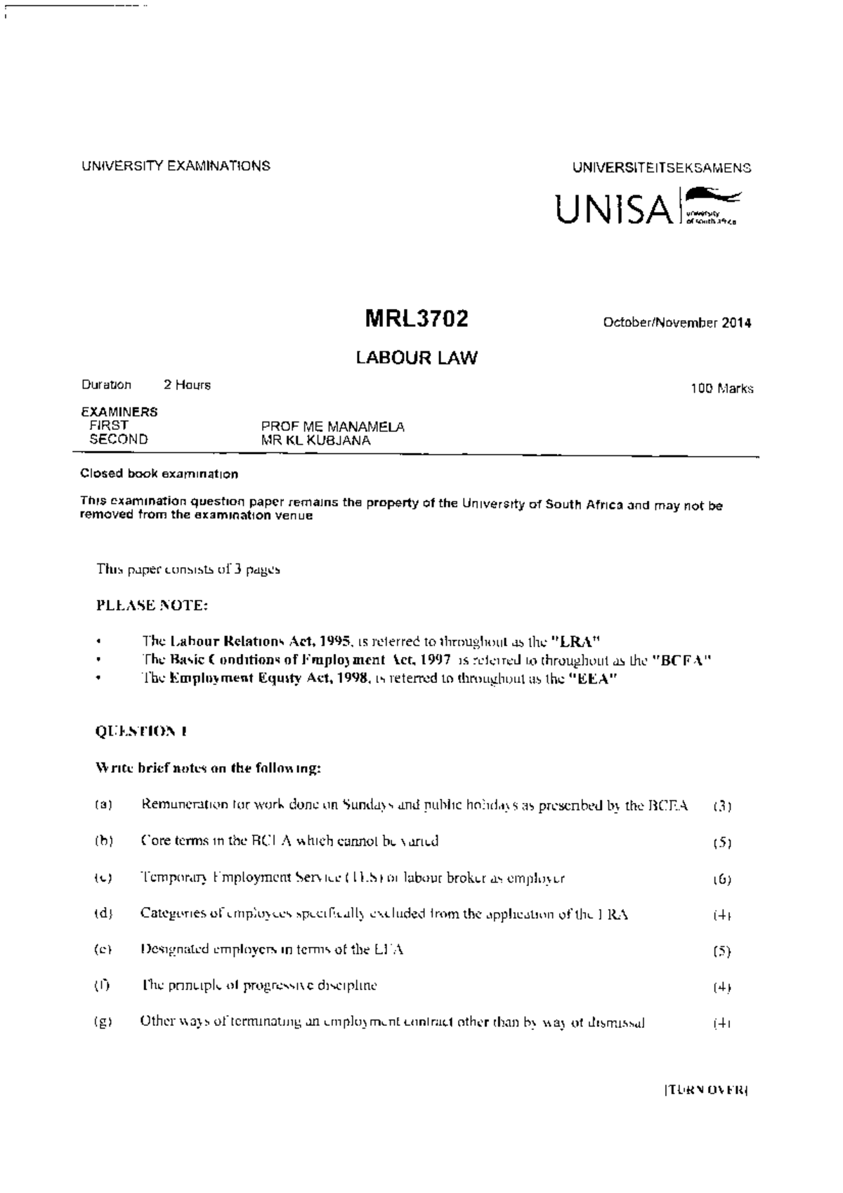 MRL qstn 1 - past exam for labour law - MRL3702 - Studocu