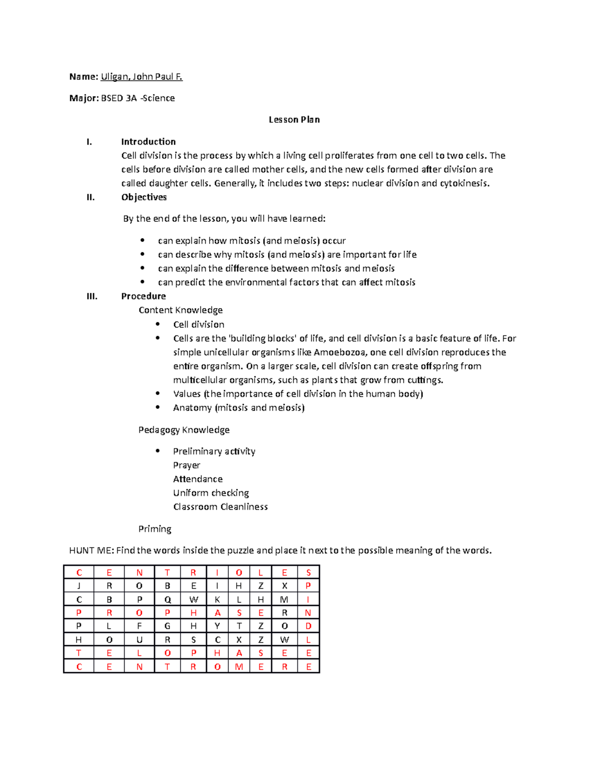 Lesson PLAN (BSED 3A) Uligan (TOS) - Name: Uligan, John Paul F. Major ...
