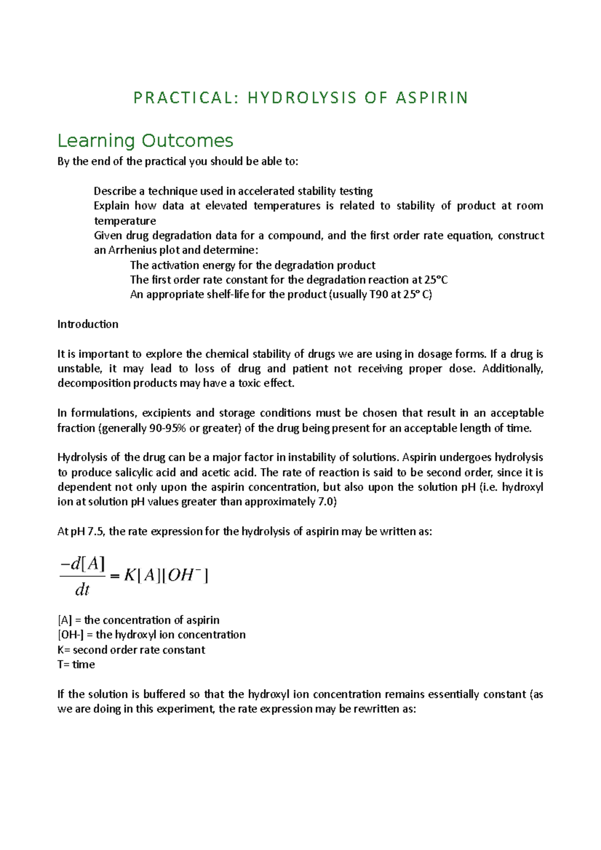 Hydrolysis of Aspirin P R A C T I C A L H Y D R O LY S I S O F A S