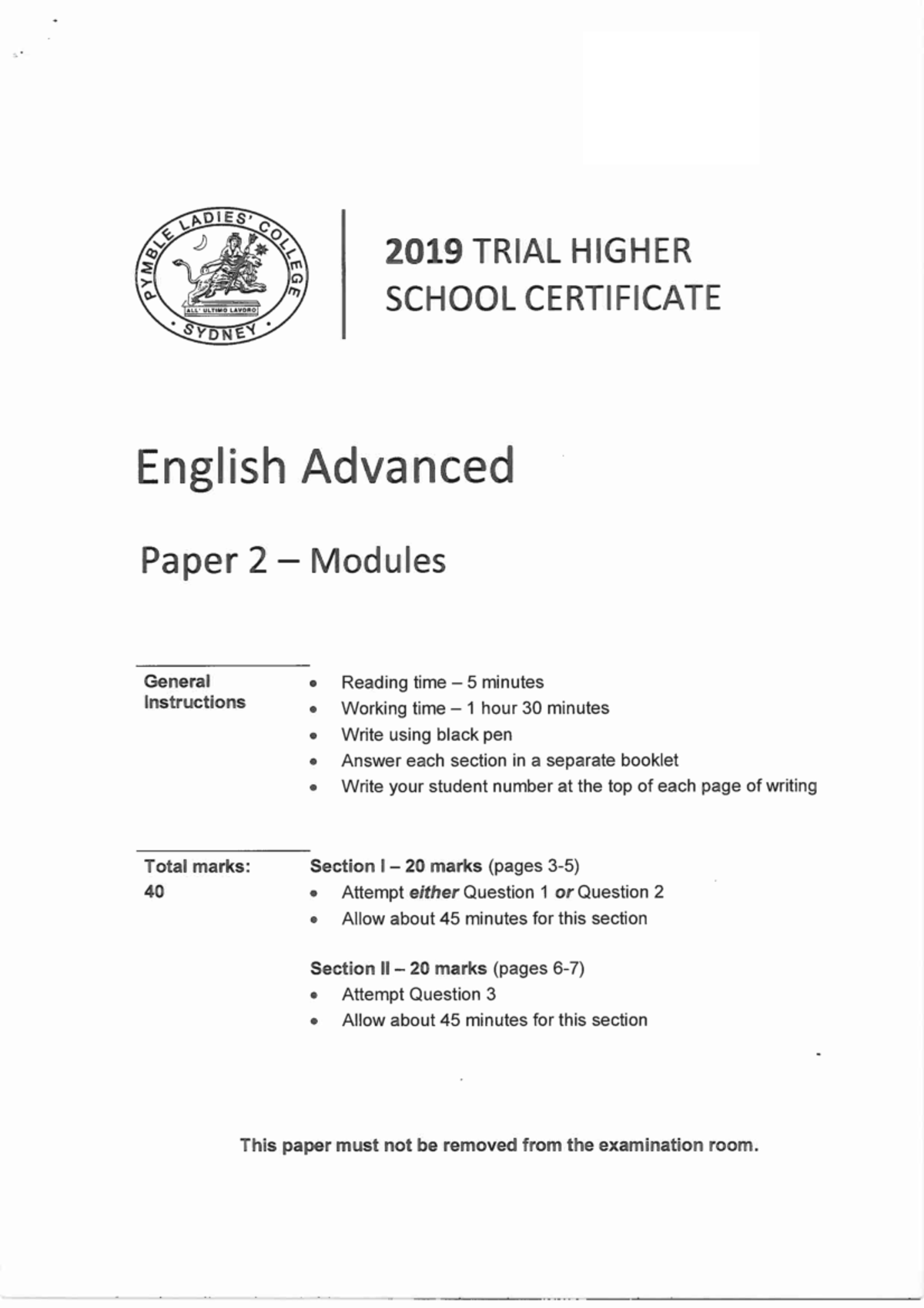 Pymble 2019 English Trial Paper 2 Advanced - Studocu