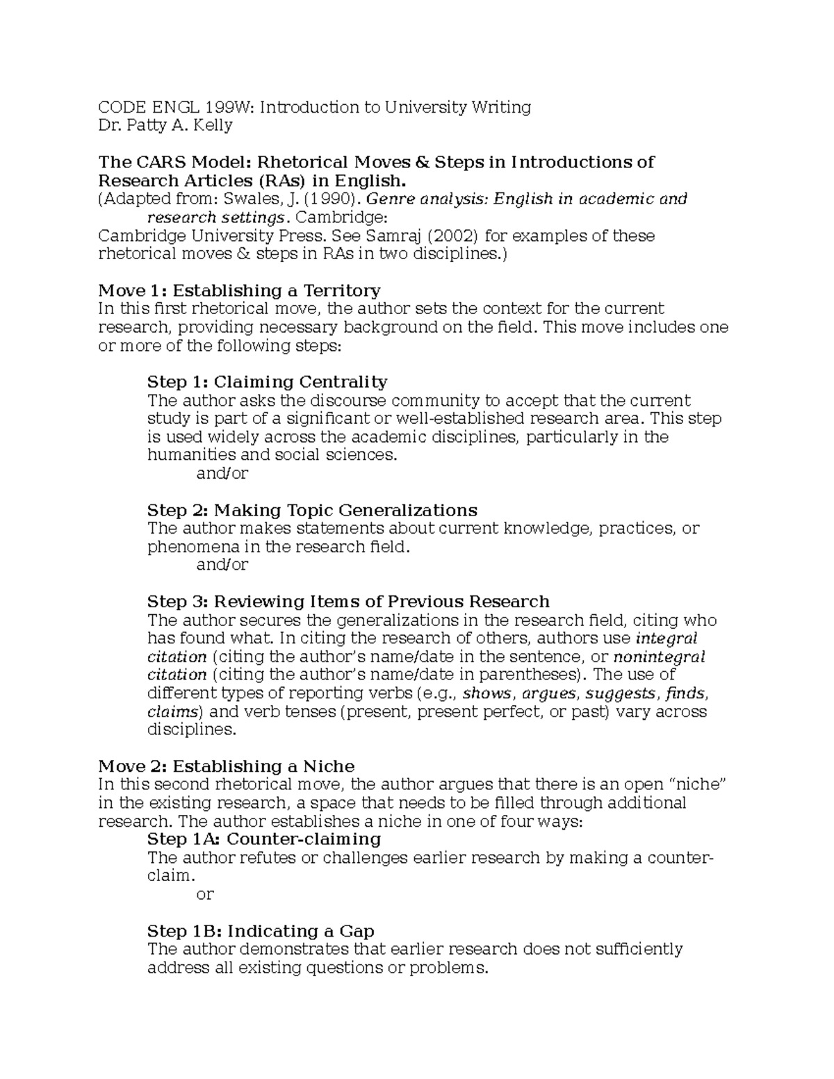 CARS Model Rhetorical Moves & Steps in Introductions to RAs - CODE ENGL ...