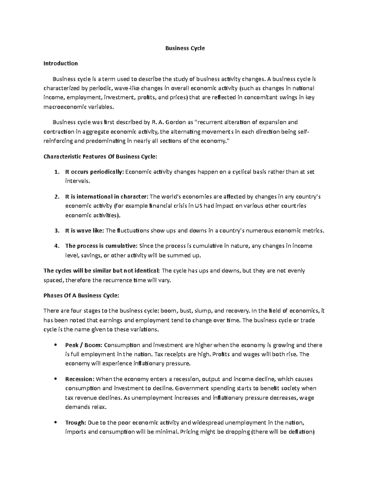 Business Cycle Lecture Notes - Business Cycle Introduction Business ...