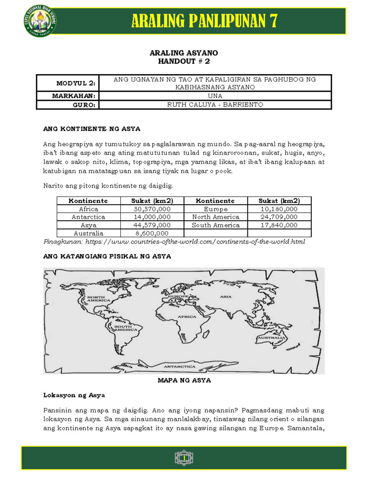 AP 7 Q1 Handout Modyul 2 WEEK 2 - ARALING ASYANO HANDOUT # 2 MODYUL 2 ...