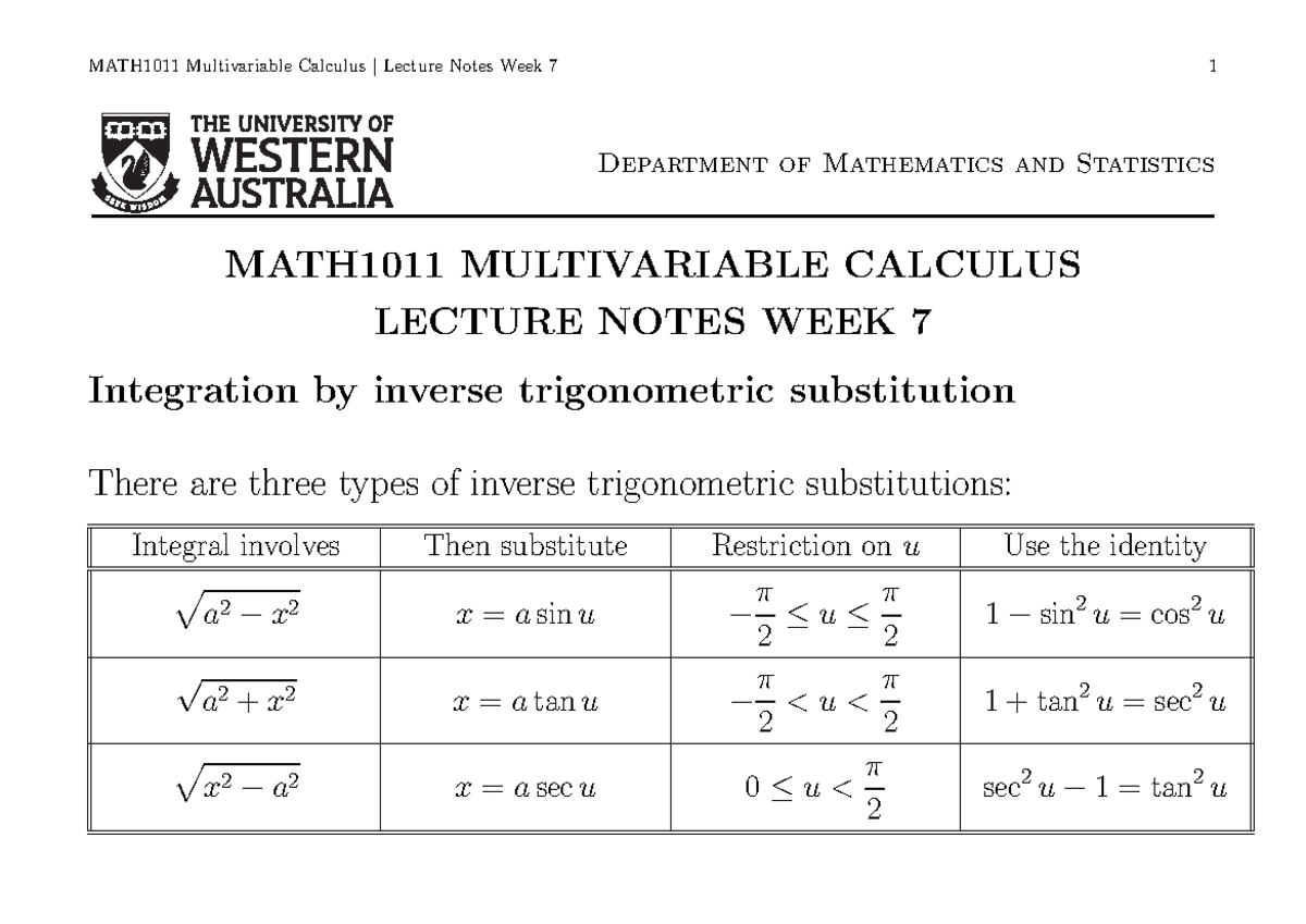 MATH1011 Lecture W07 - Department Of Mathematics And Statistics ...