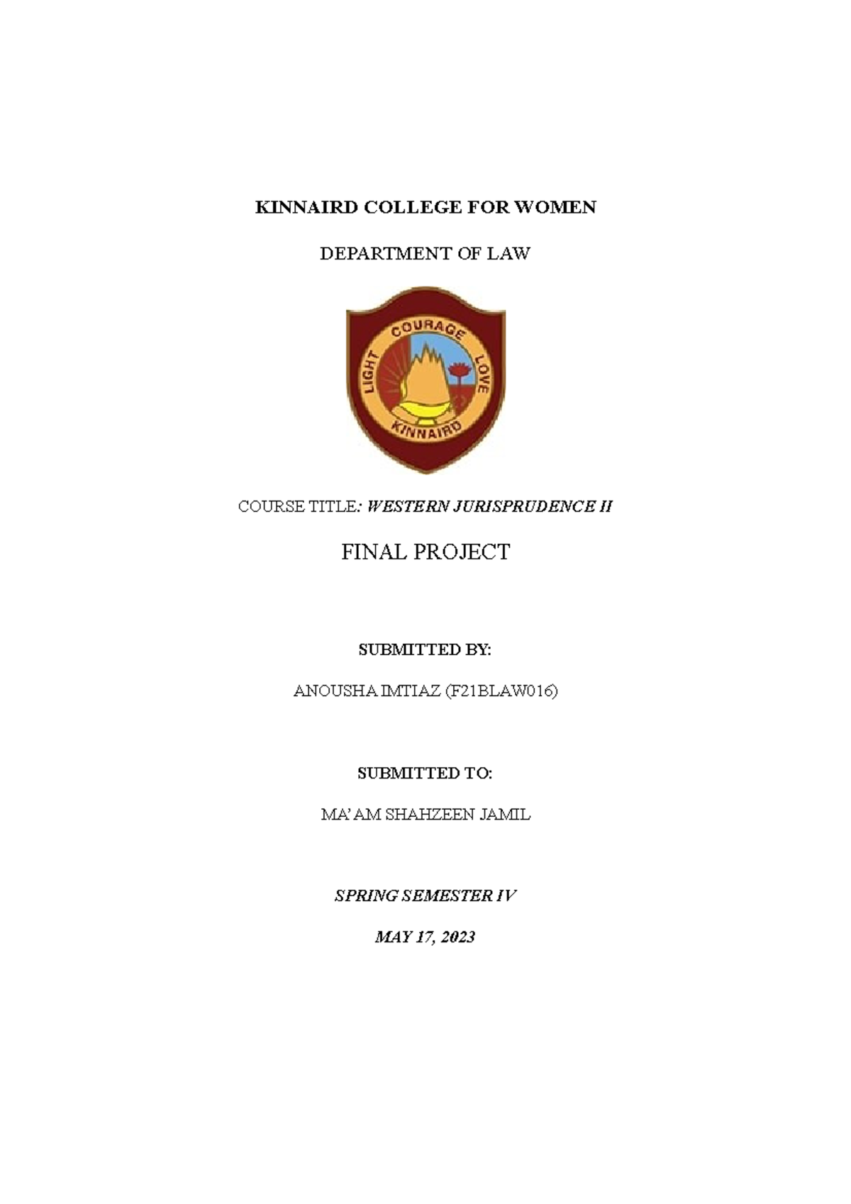 Juris II final project KINNAIRD COLLEGE FOR WOMEN DEPARTMENT OF LAW