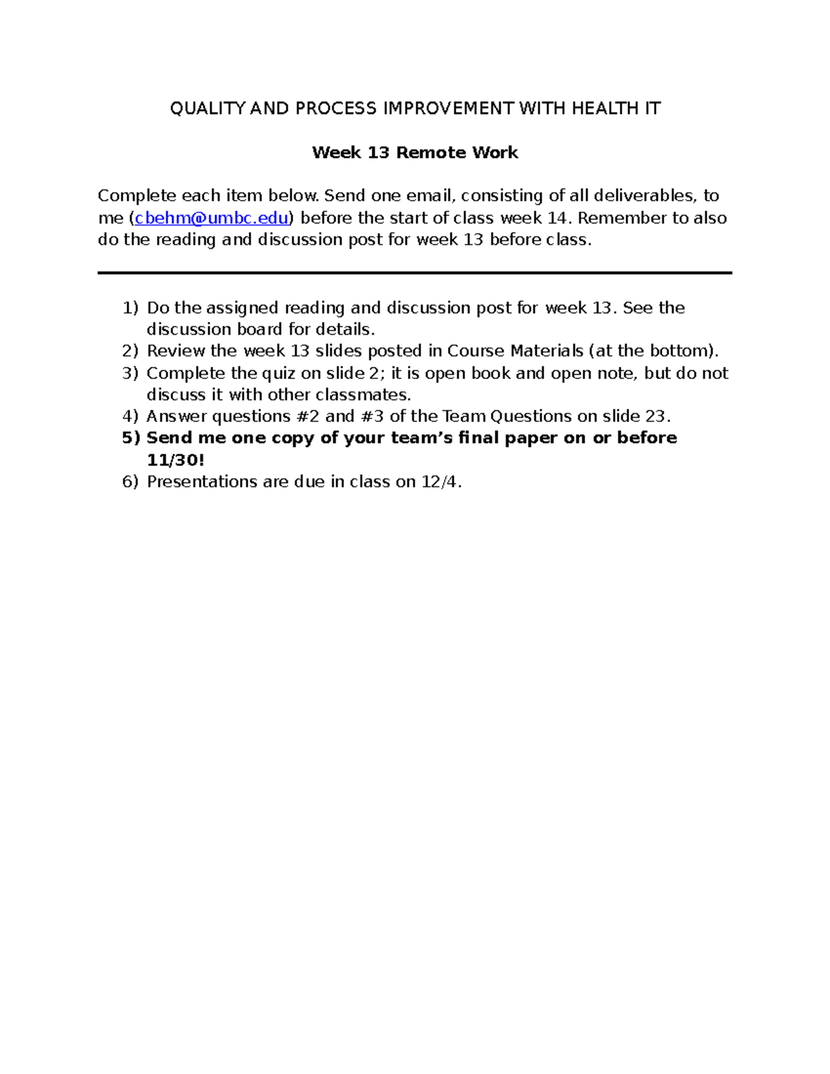 Week 13 Remote Assignment - QUALITY AND PROCESS IMPROVEMENT WITH HEALTH ...