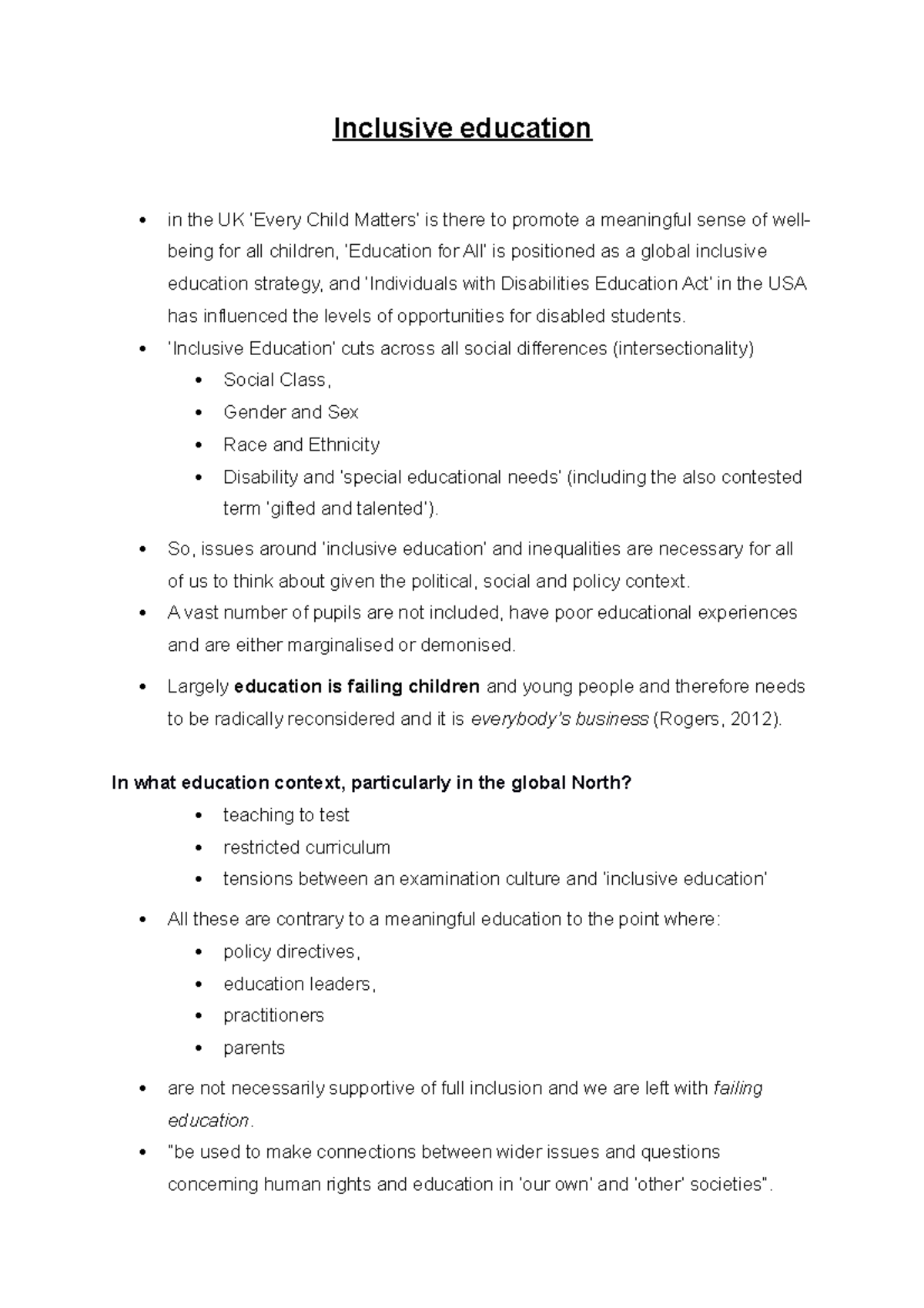 Inclusive education - Lecture notes 2 - Inclusive education in the UK ...